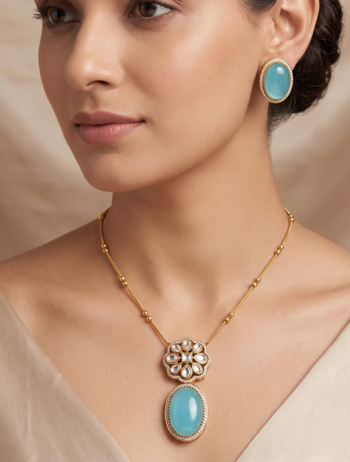Ekisha Mosonite Stone and American Diamond Chain Pendant Set