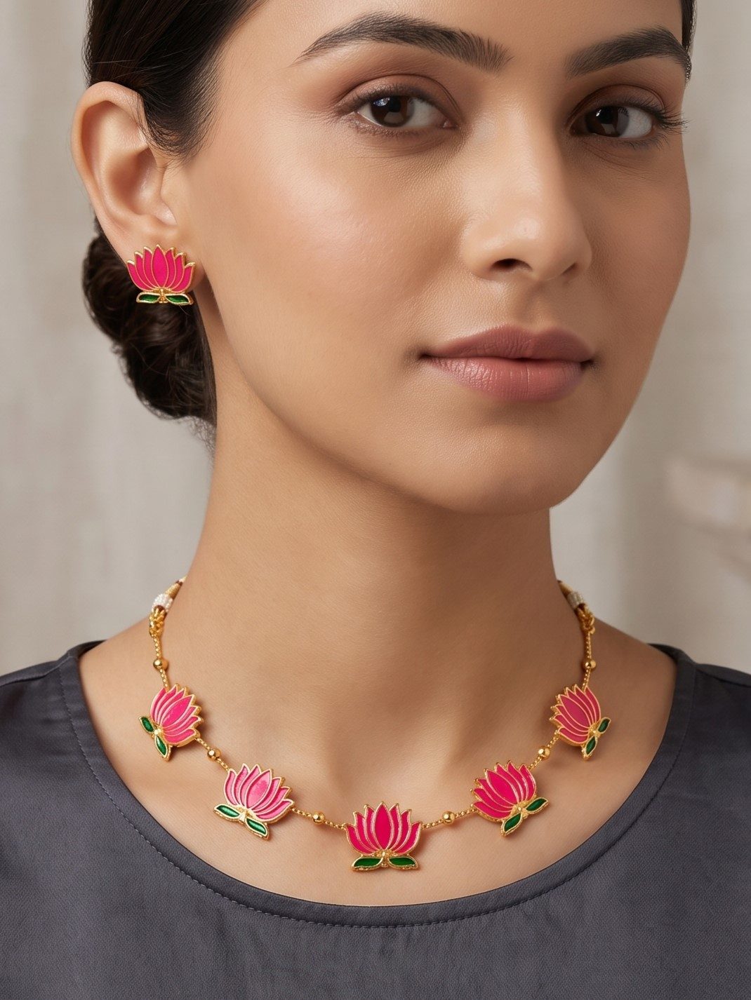 Khushi Meenakari Fusion Lotus Design Necklace With Earrings