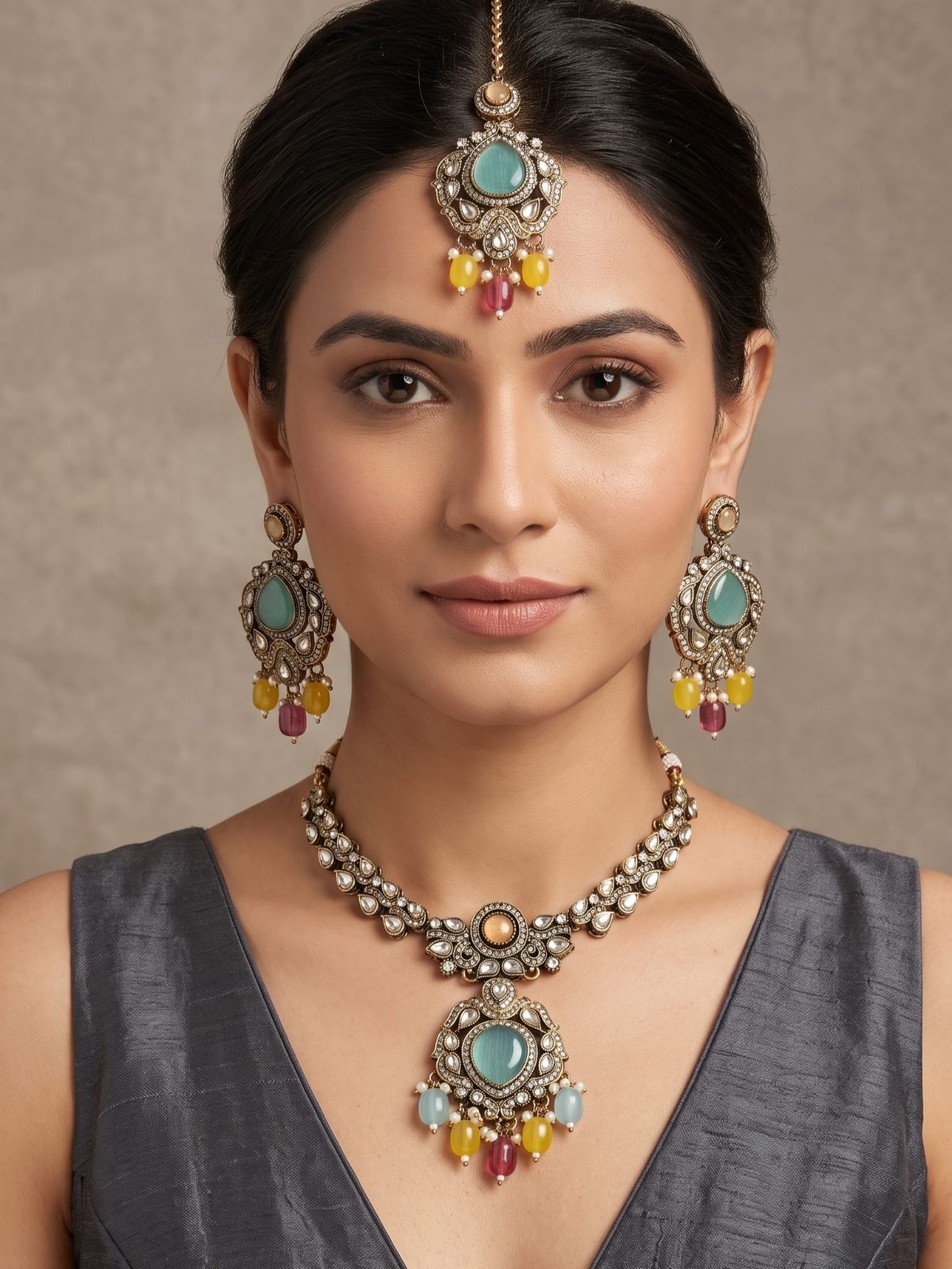 Natya Semi-Long Victorian Zircon and Monalisa Stone Necklace Set