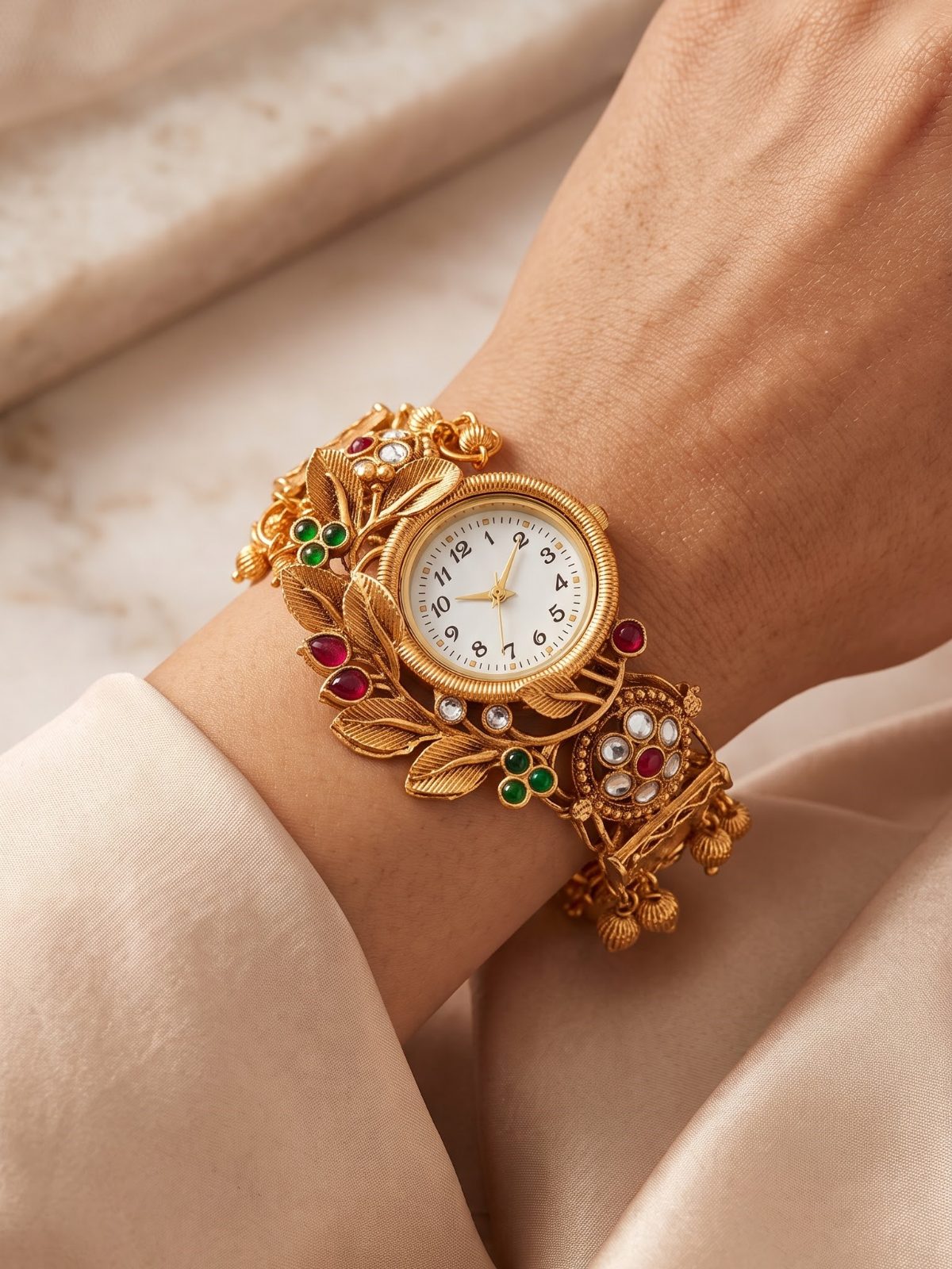 Khyati Stone Studded Leaf Bracelet Watch