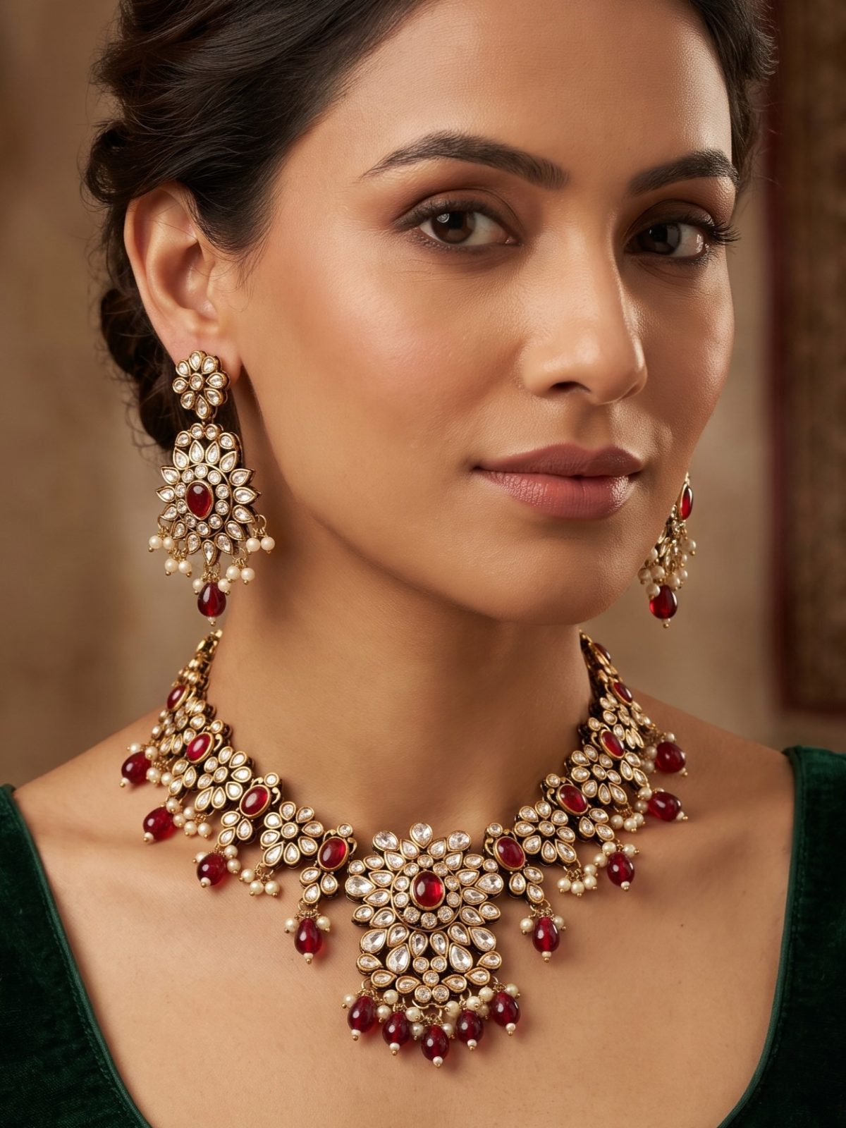 Alisa Glass Kundan Necklace Set with Hanging Pearls