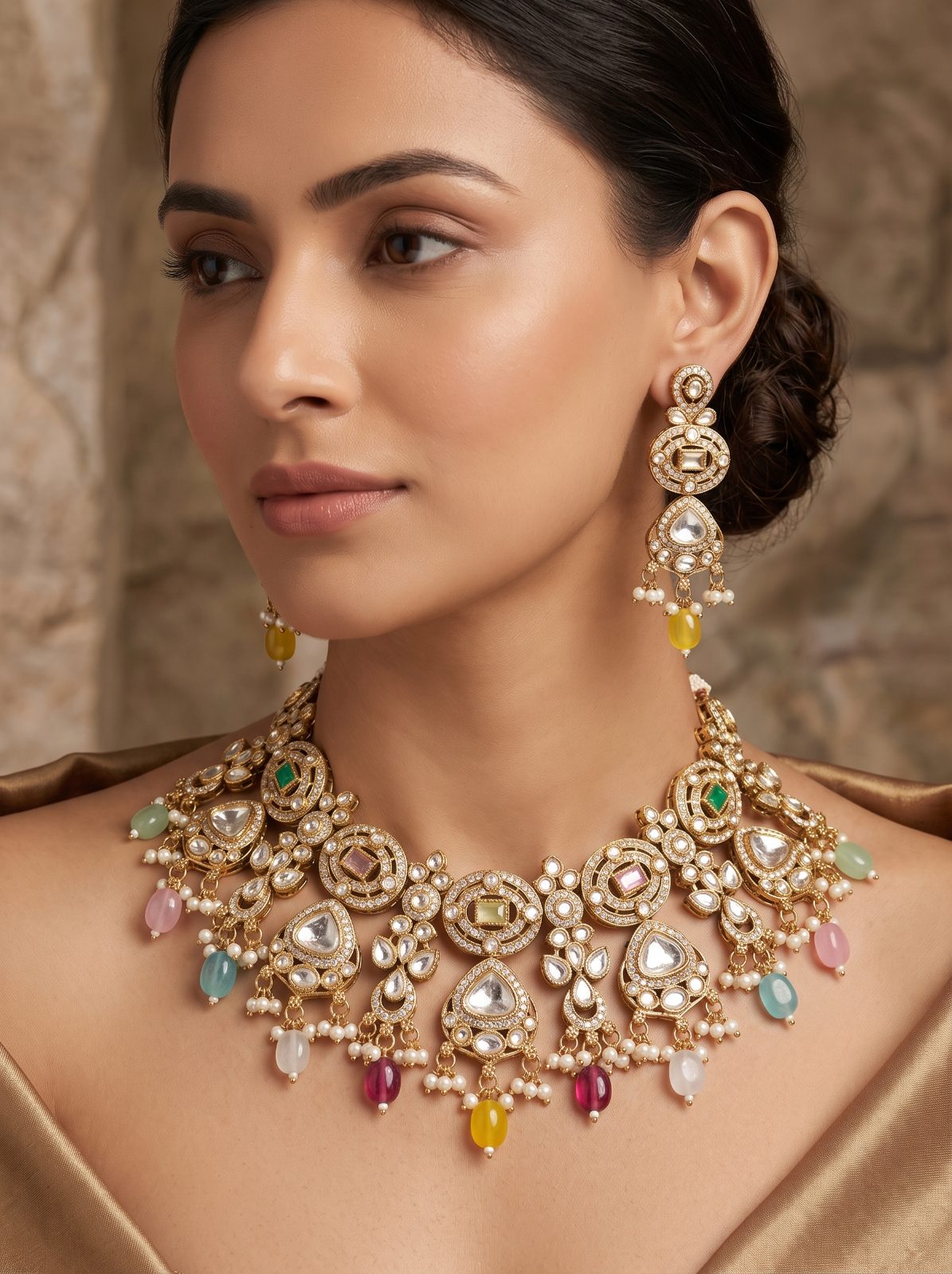 Samriddhi Victorian Zercon Monalisa Stone Necklace Set With Pearls