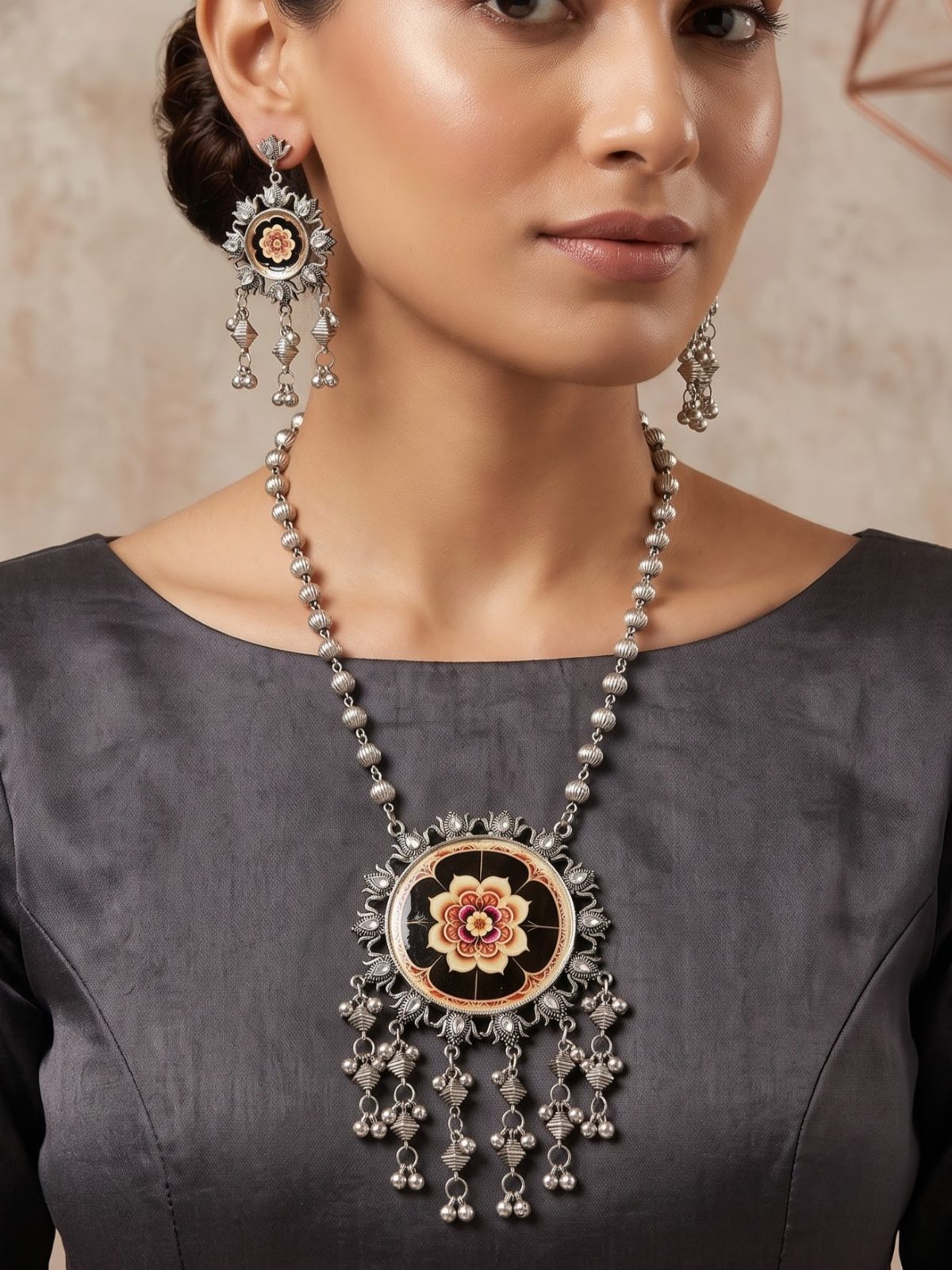 Ankita Picturesque Oxidised Necklace Set with Hanging Beads