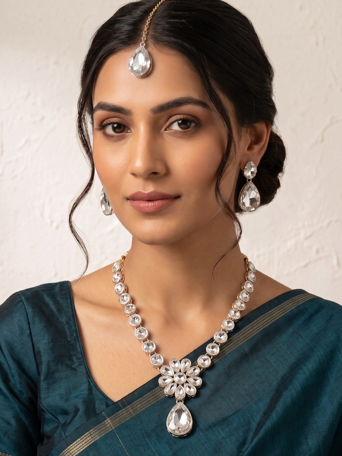 Kashish Kundan Stone Sleek Pendant Necklace Set with Tikka