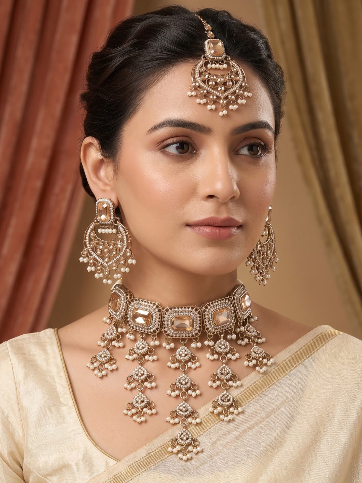 Aarti Detailed Retail Pearls Kundan Necklace Set With Tikka