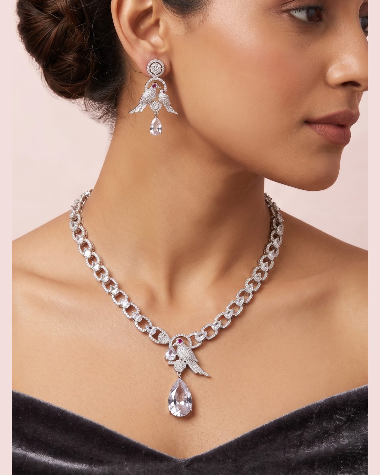 Kiara American Diamond and Bird Design Pendant Style Necklace Set