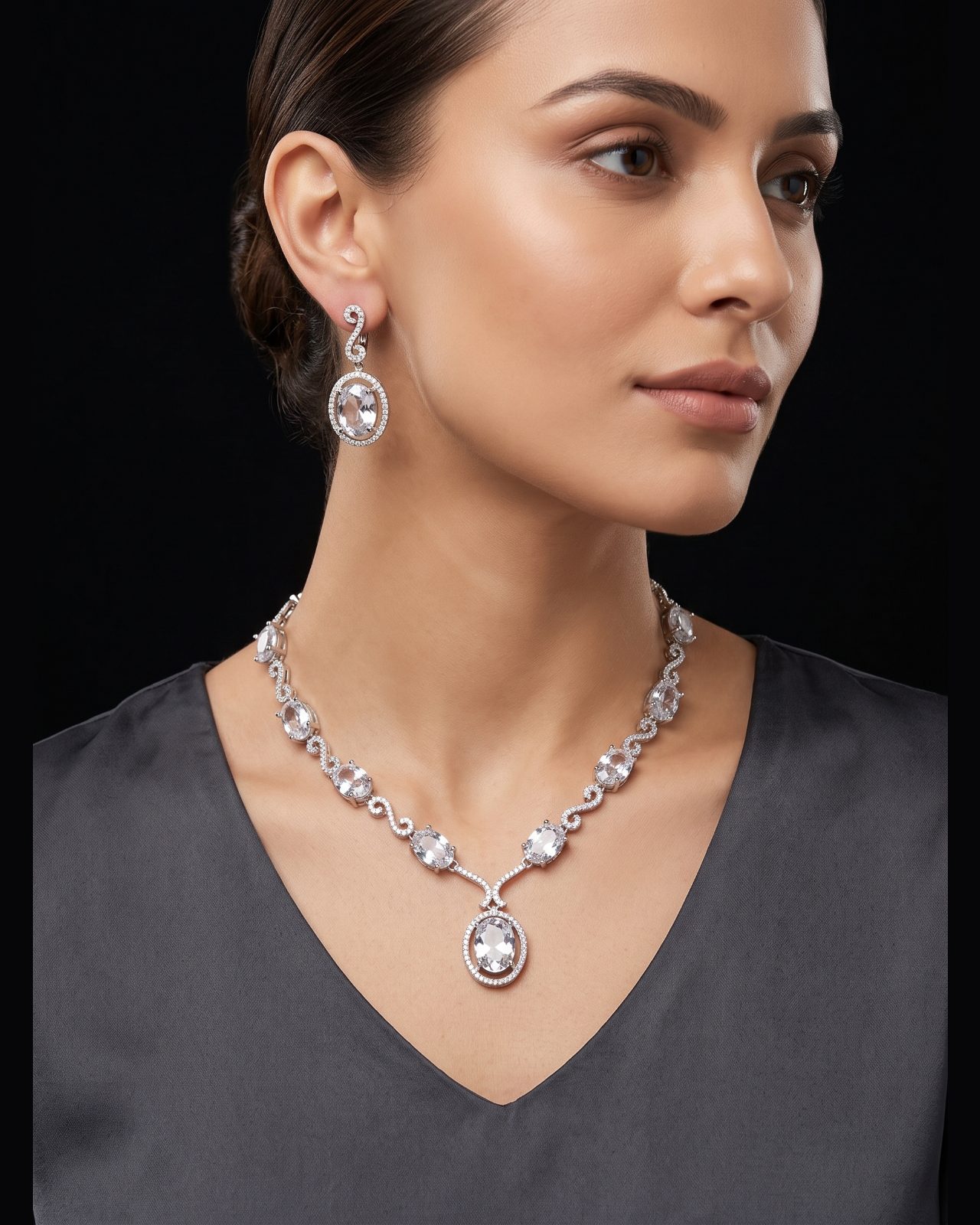 Bhavika Crystals Stone American Diamonds Pendant Necklace Set