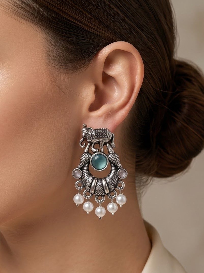 Bhavika Elephant Motif Silver Earrings