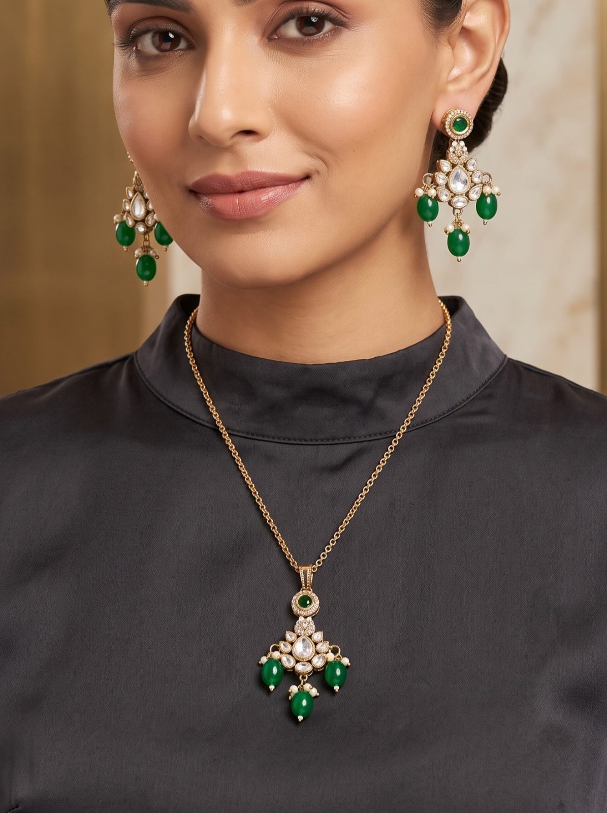 Ziya Premium Metal Chain Pendant Set with Kundan