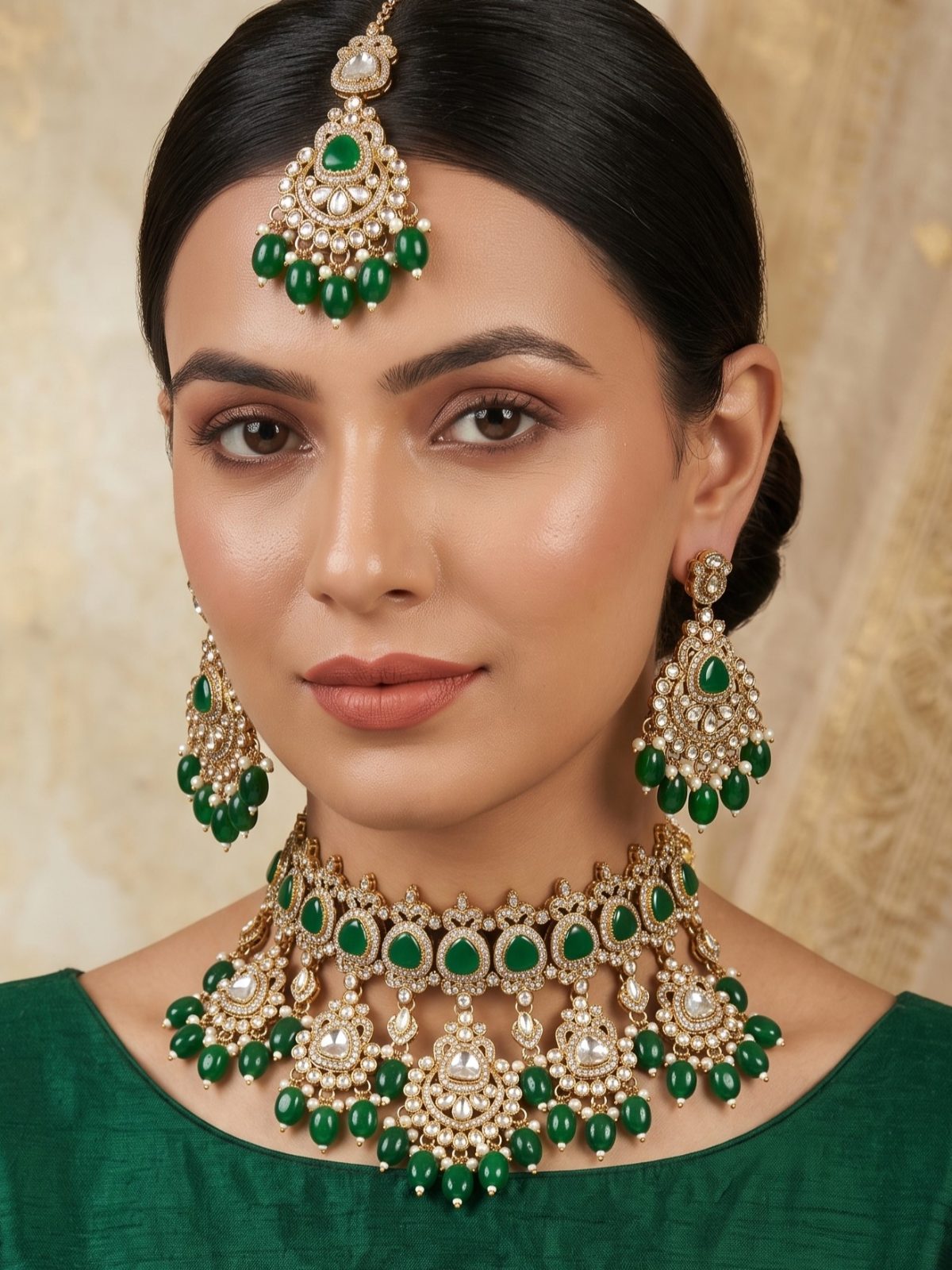 Rishika Monalisa Stone Necklace Set With Hanging Pearls