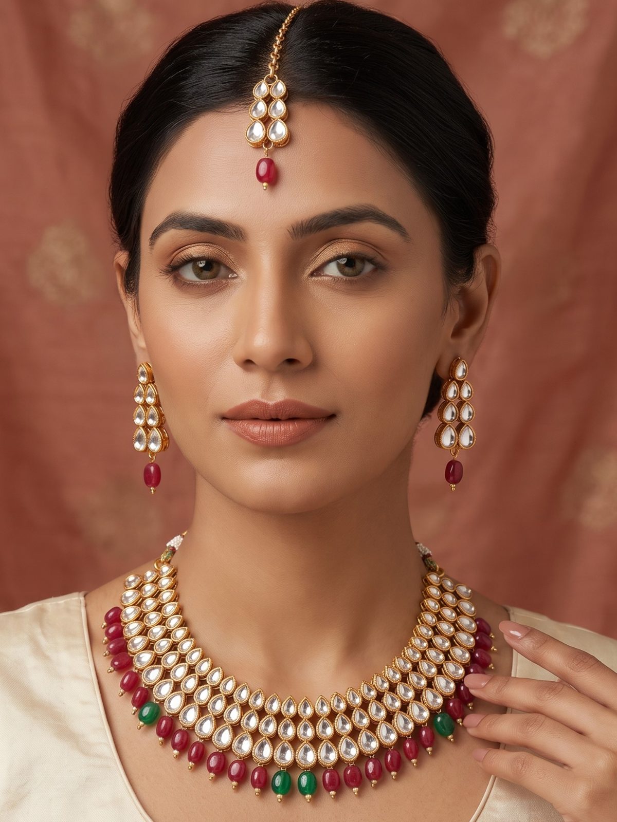 Lavi Kundan and Pearls Hanging Necklace Set with Maang Tikka