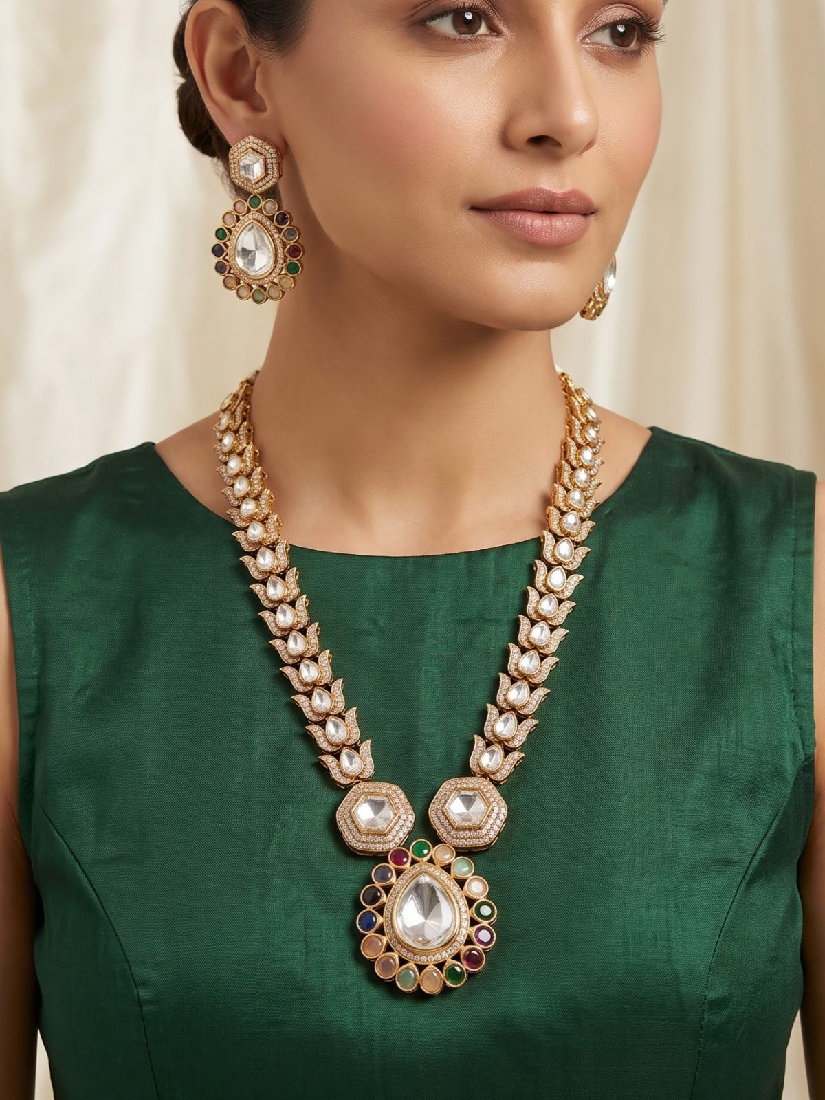 Avya Detailed Glass Kundan Long Necklace Set