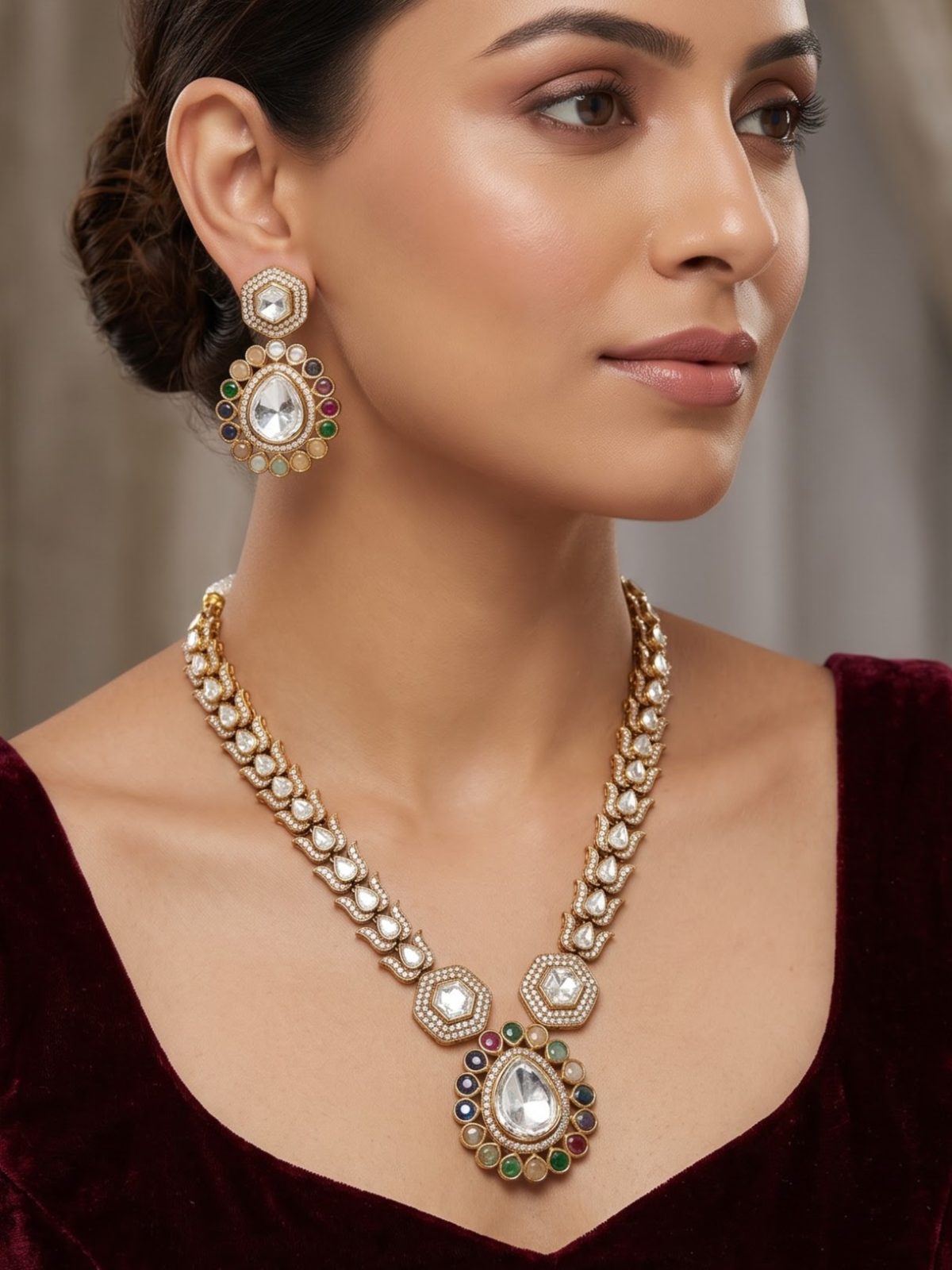 Avya Detailed Glass Kundan Long Necklace Set