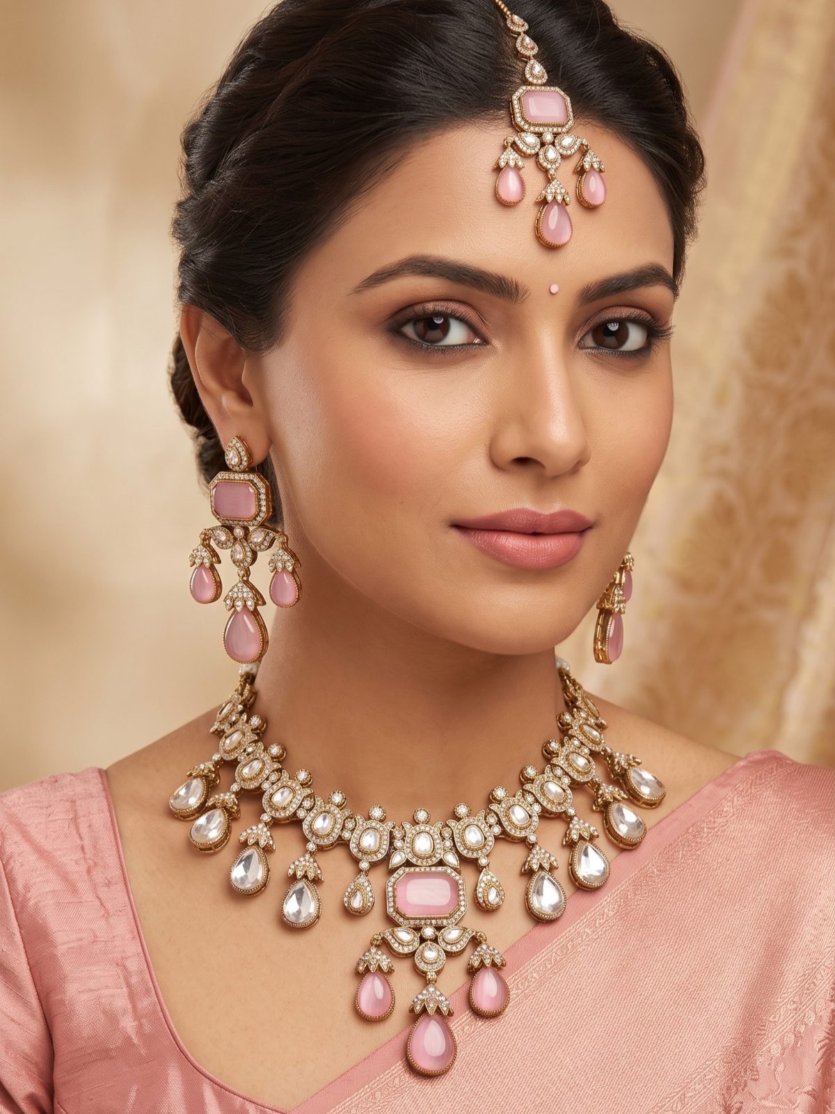 Sara Statement Premium Moissanite Necklace Set with Maang Tikka