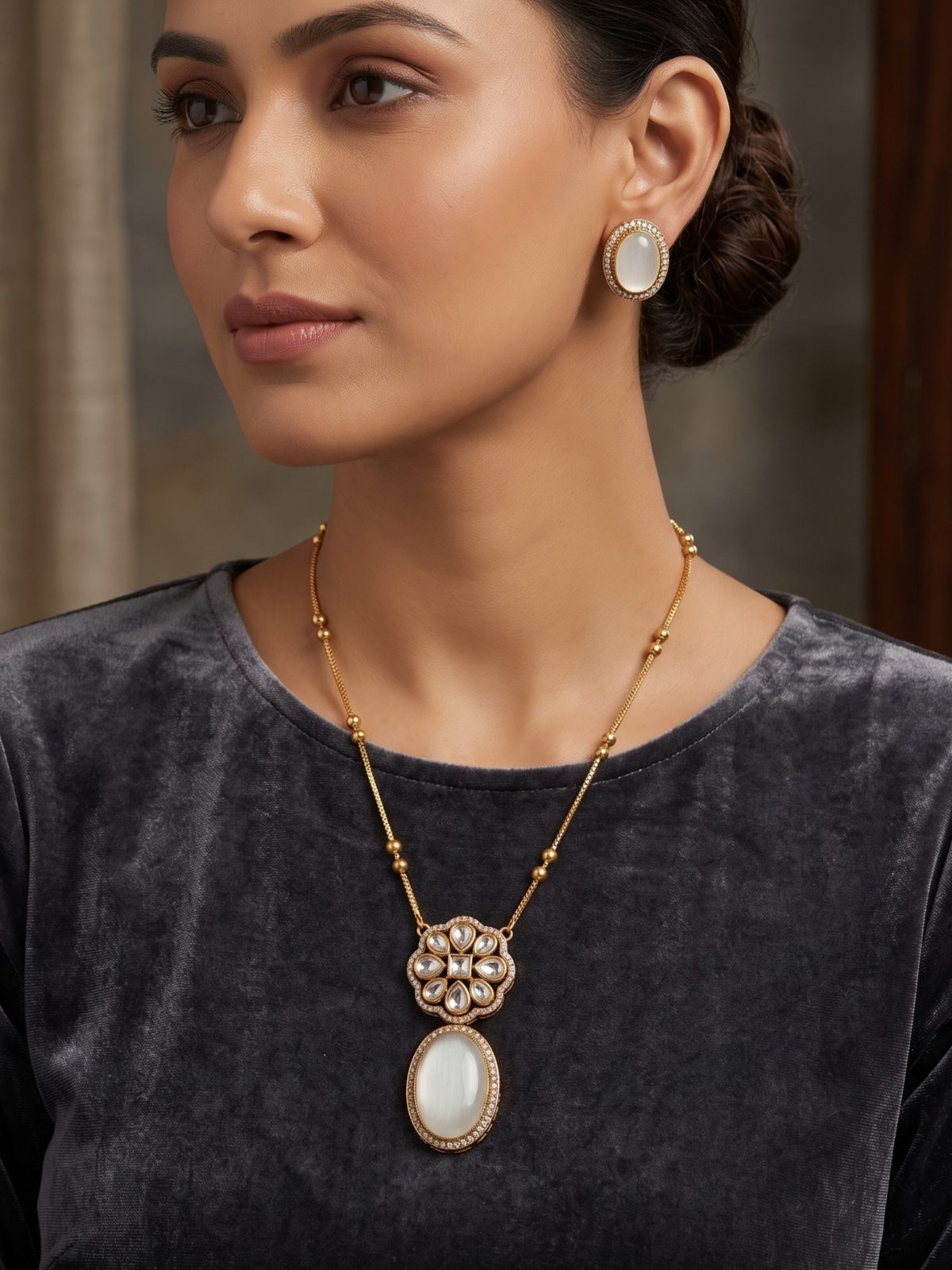 Ekisha Mosonite Stone and American Diamond Chain Pendant Set