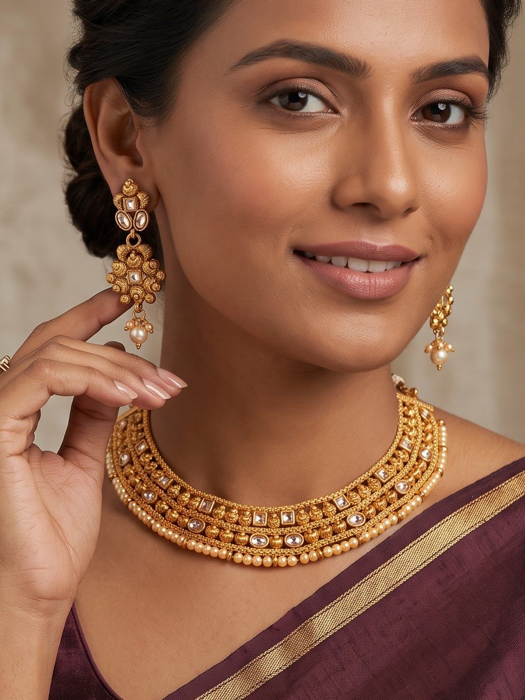 Ela Antique Finish Pearl Necklace