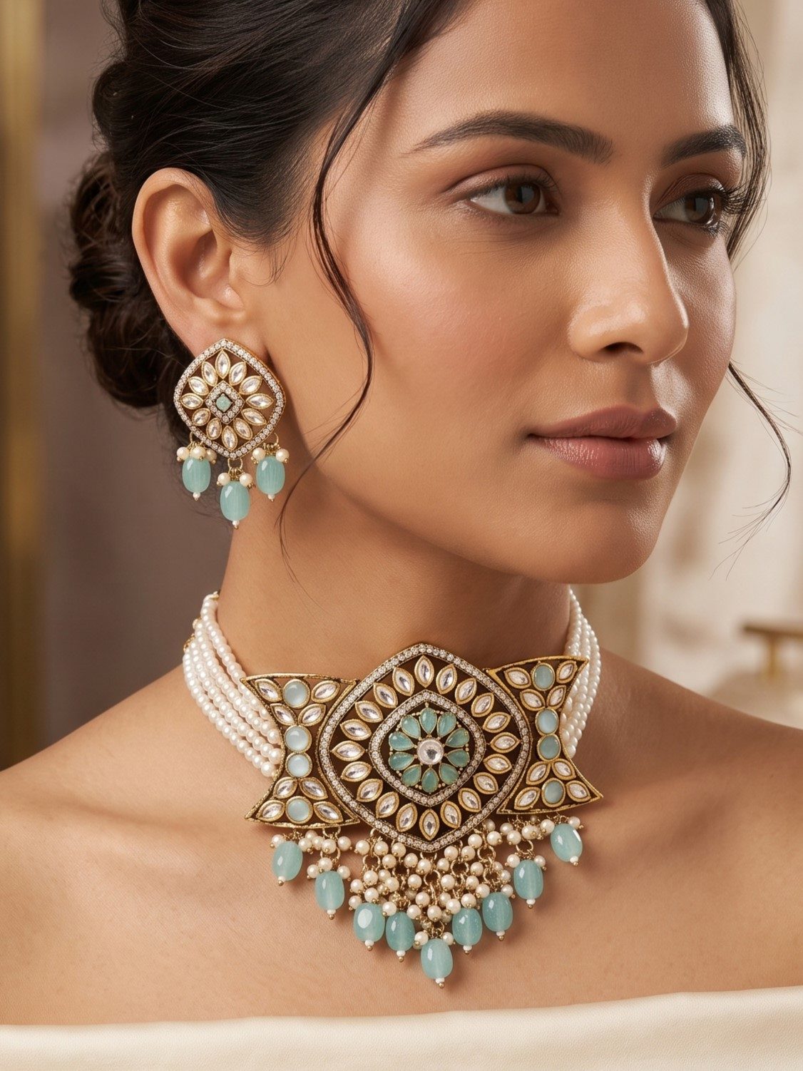Myra Victorian Zircon Choker Set and Hanging Pearls