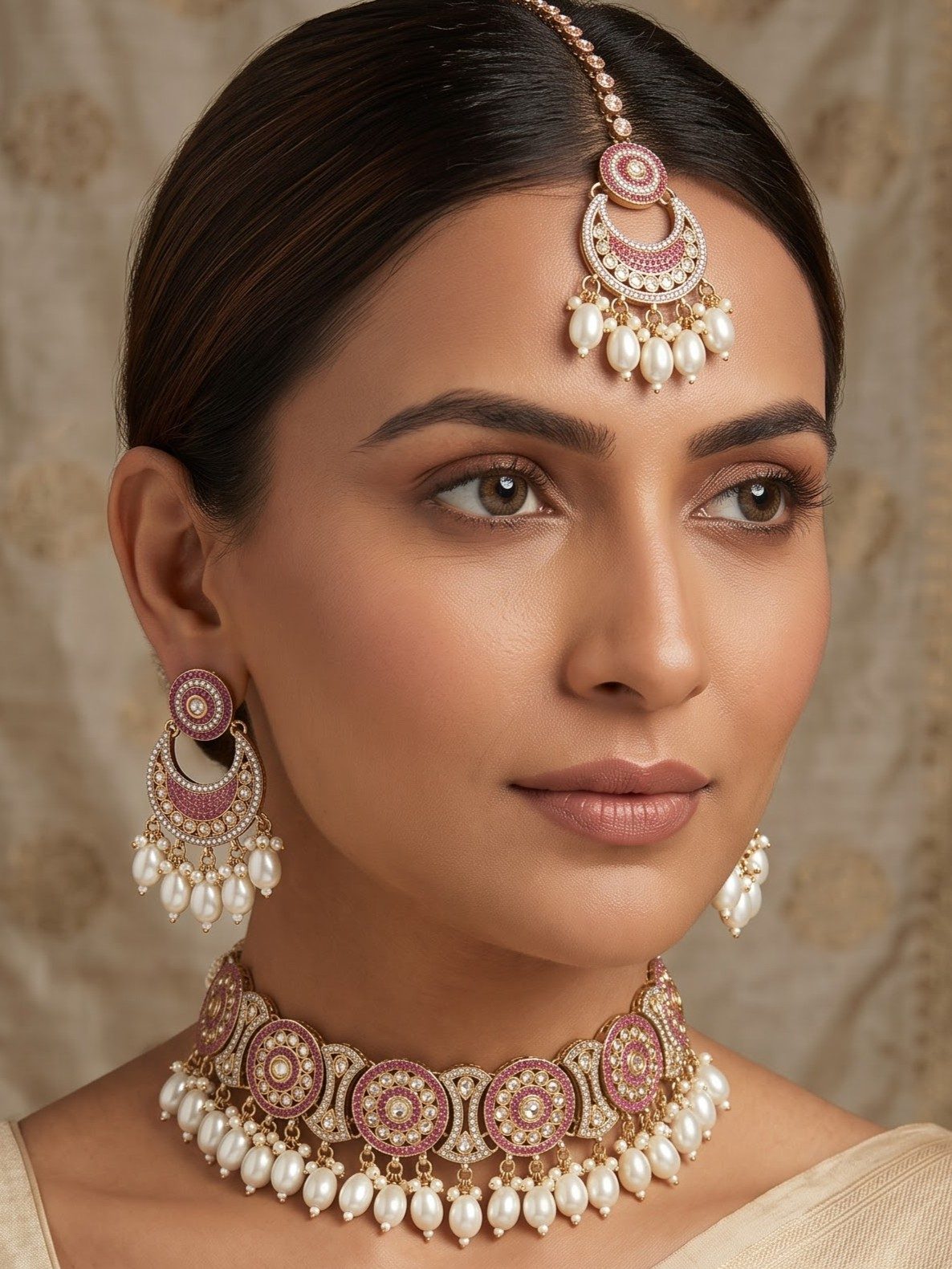 Mansi Minimal Pearls and Kundan Choker Set with Maang Tikka