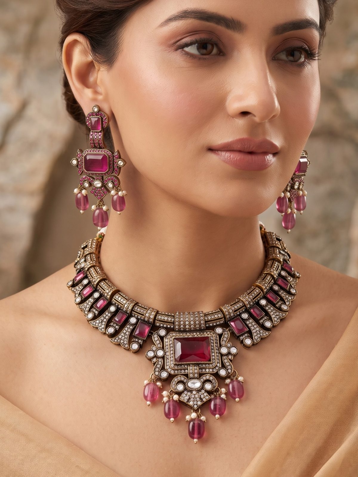 Mihika Monalisa Stone and Victorian Zircon Necklace Set with Tikka