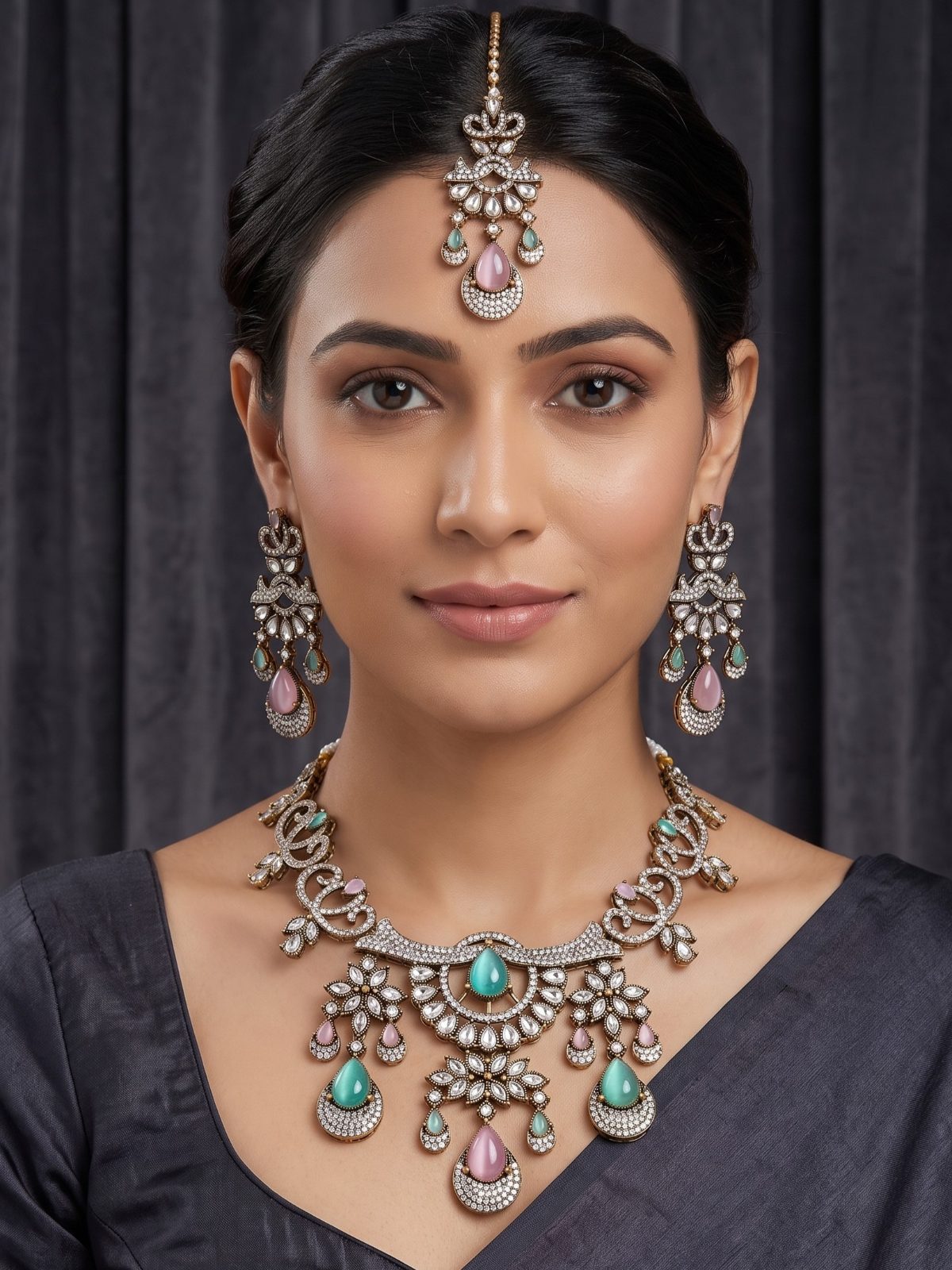 Ria Victorian Zircon and Hanging Pearls Necklace Set with Maang Tikka