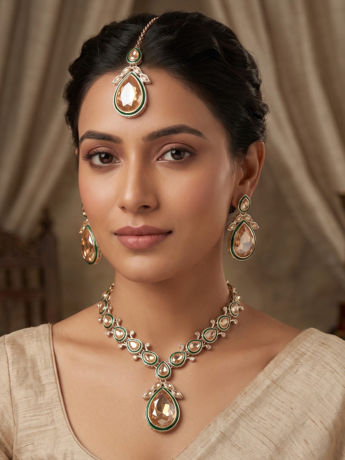Kaira Uncut Kundan Pendant Necklace Set with Maang Tikka