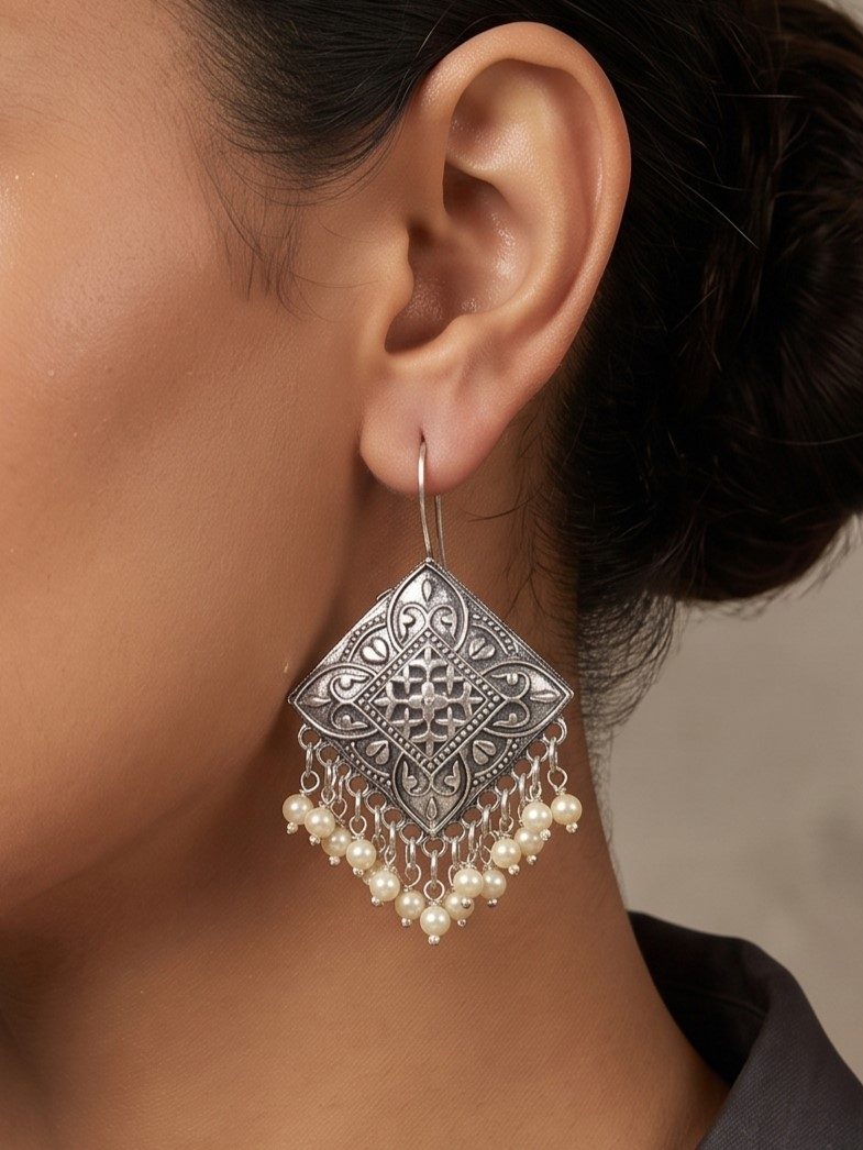 Priyanshi Oxidised Silver Pearl Dangler Earrings