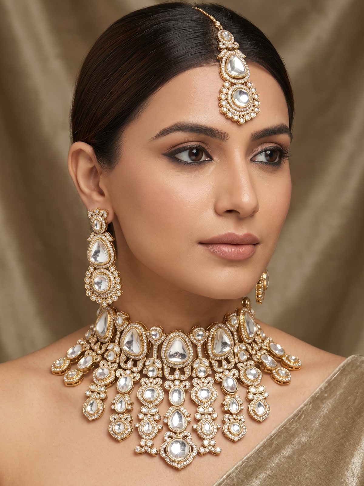 Myra Uncut Glass Kundan and Monalisa Stone Choker Set with Tikka