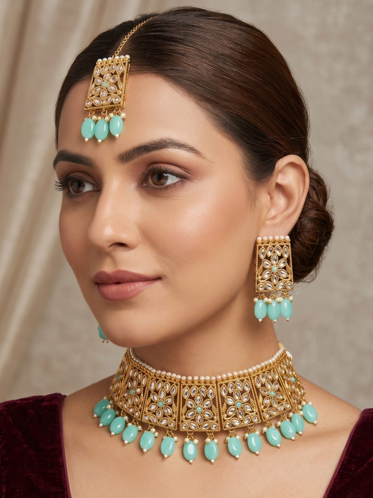 Aditi Crystal AD Necklace set with Hanging Pearls