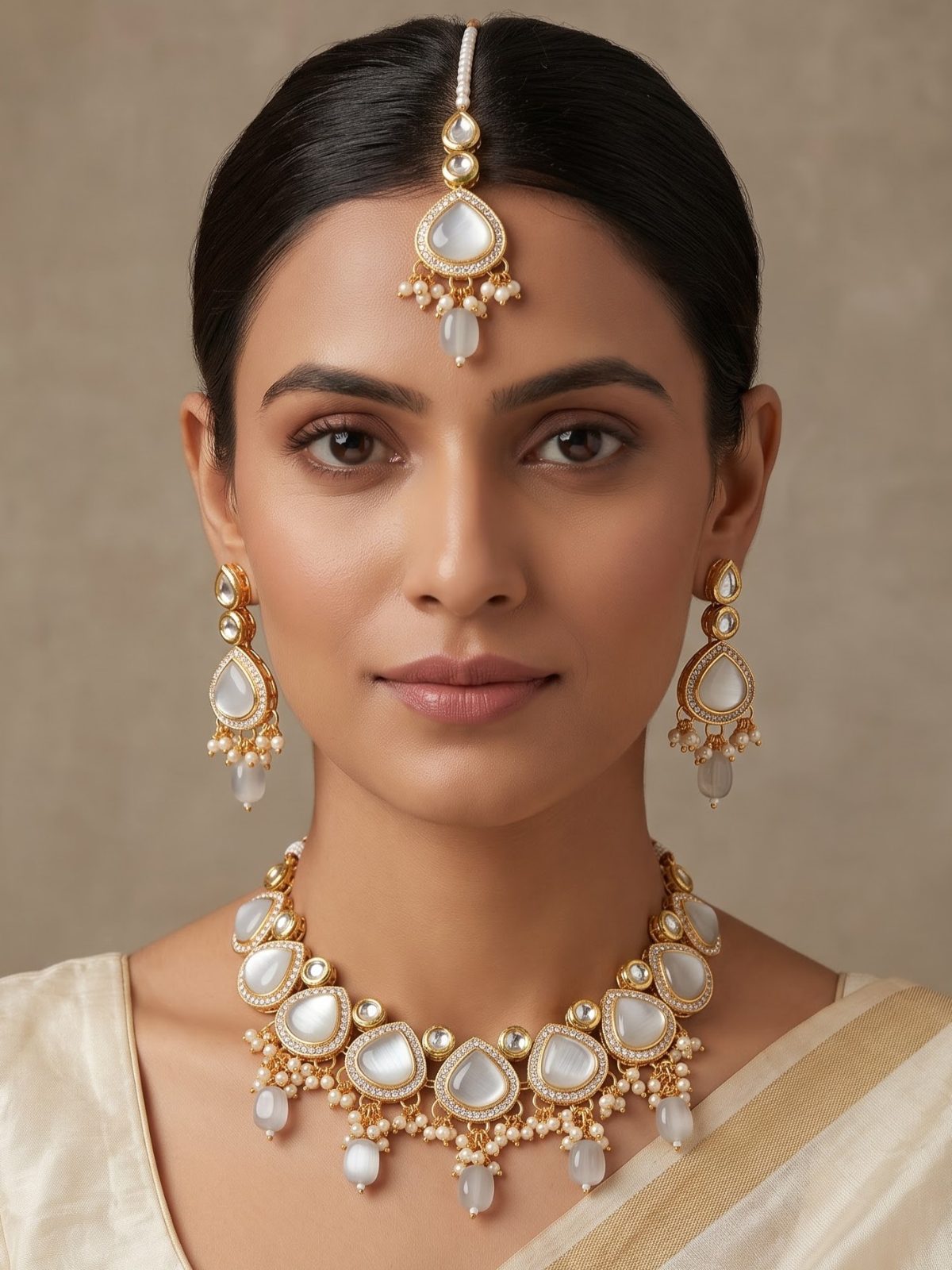Kriti Monalisa Stone and Hanging Pearls Necklace Set with Maang Tikka