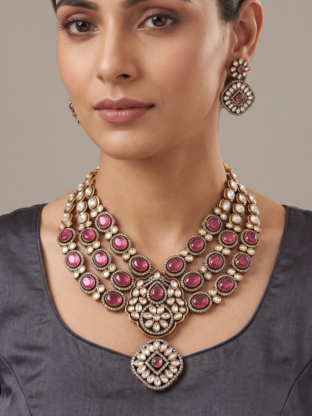 Disha Victorian Zircon and Mosonite Stone Necklace Set