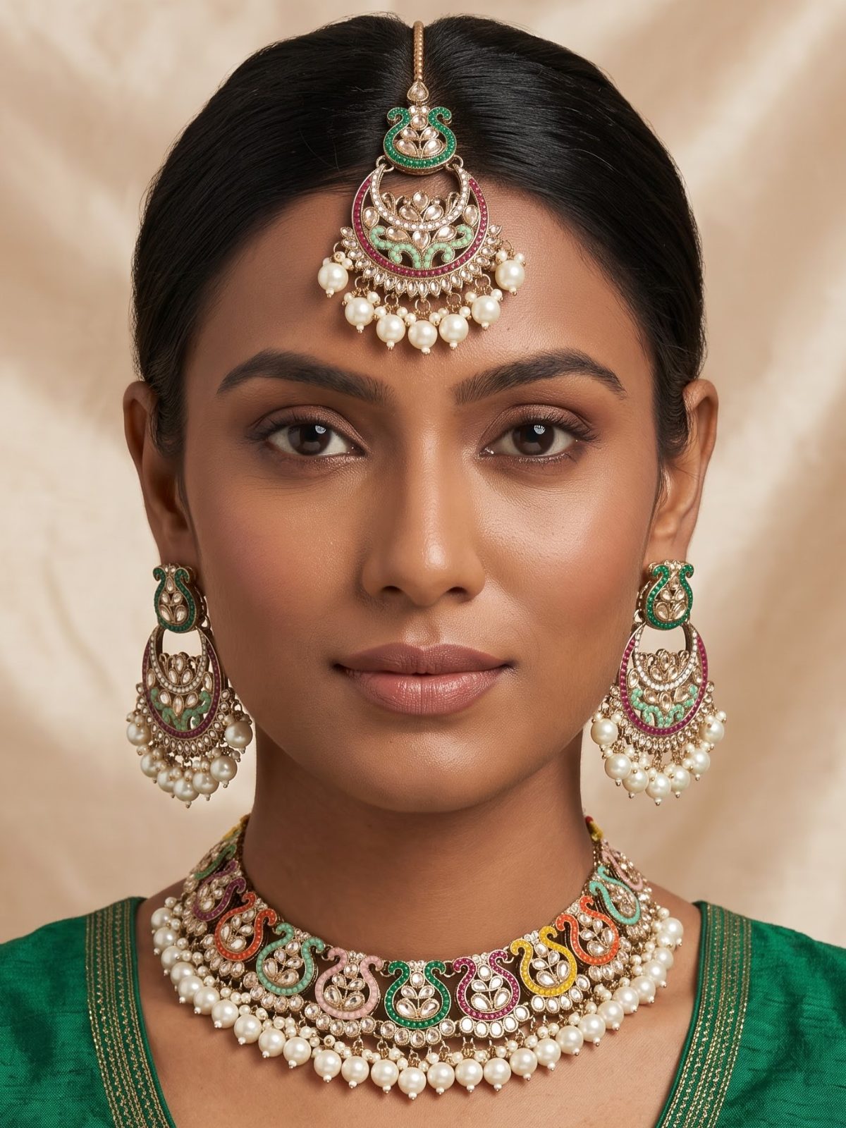 Riti Minimal Pearls Work and Kundan Stone Necklace Set with Tikka