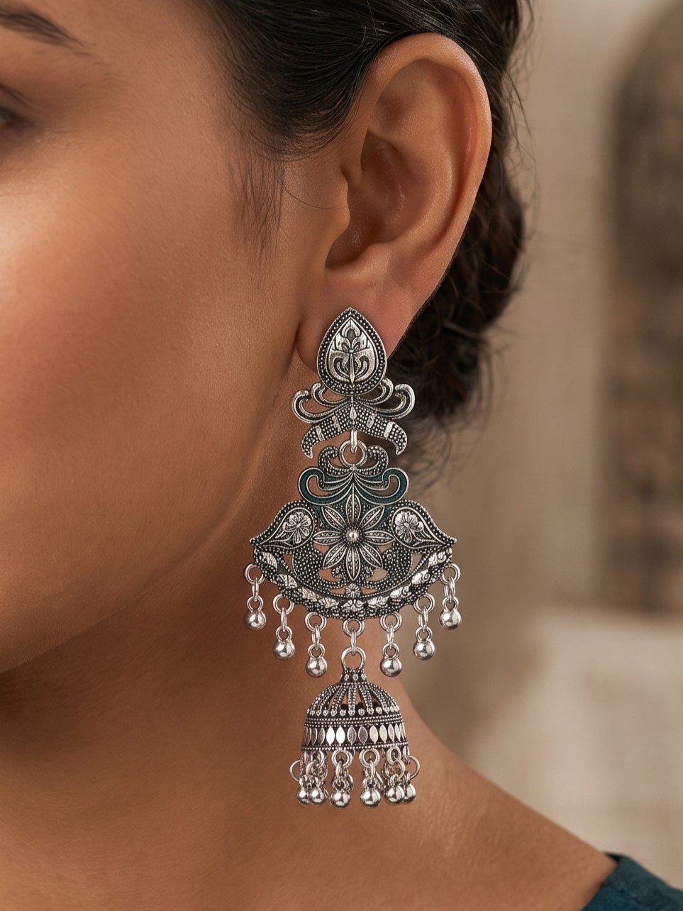 Anika Designer Oxidised Jhumka Earrings