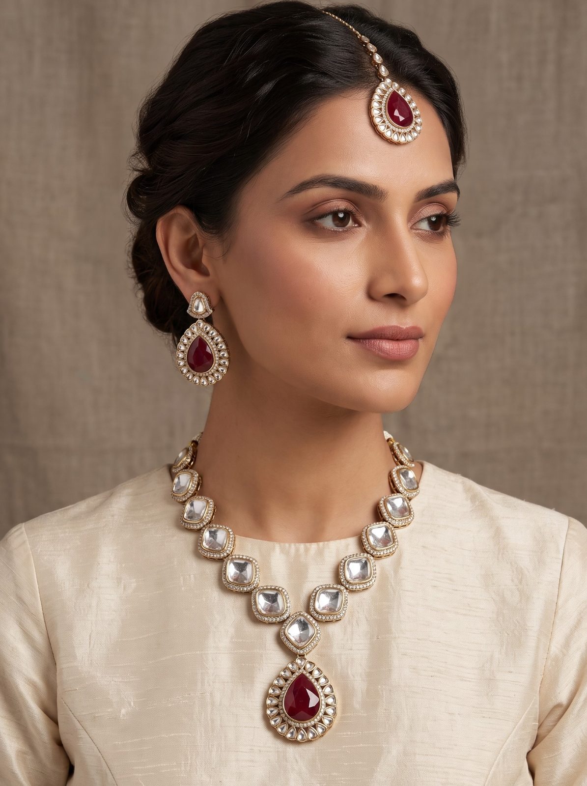 Manya Table Cut Crystal Stone Necklace Set with Earings and Maang Tikka