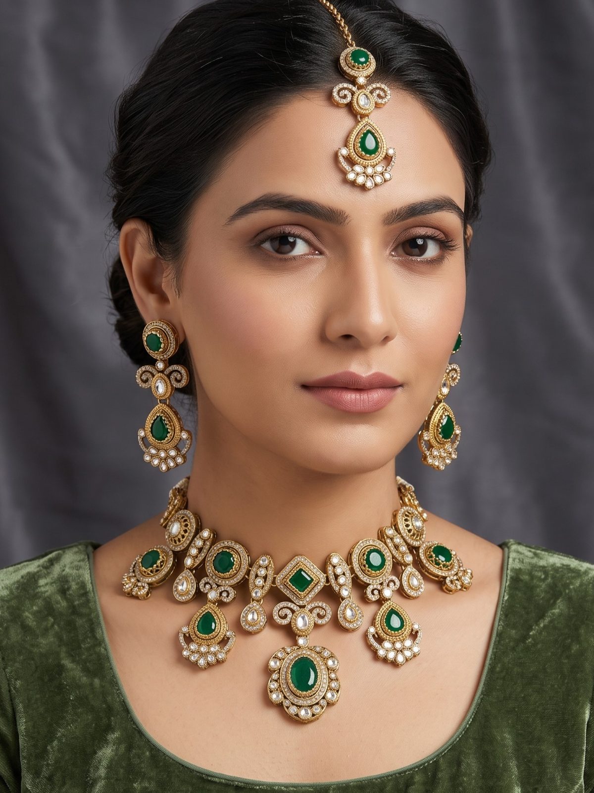 Dhyani Elegant Antique Gold Plated Necklace Set with Maang Tikka
