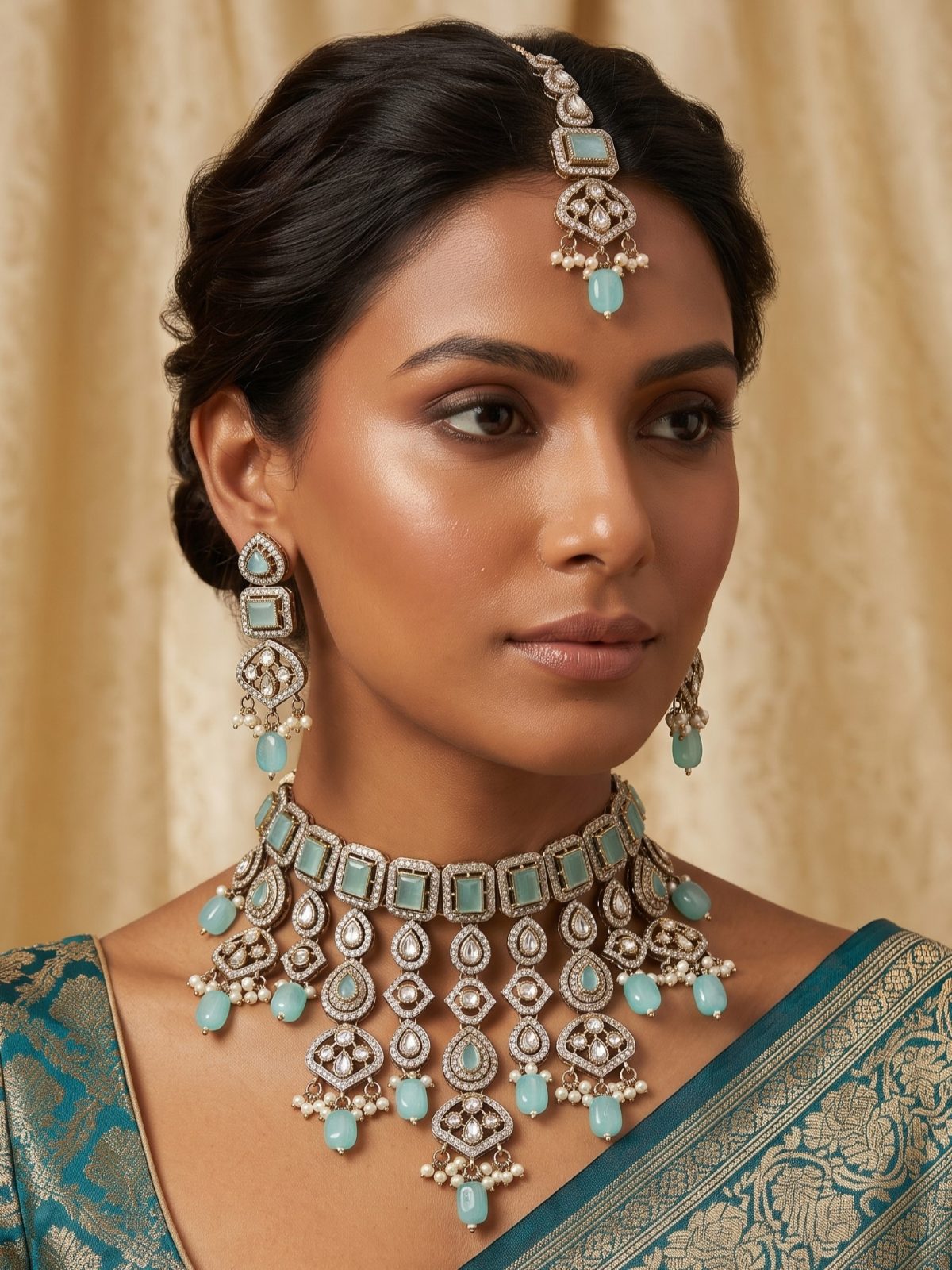 Navya Bridal Antique Gold Choker Set with Maang Tikka