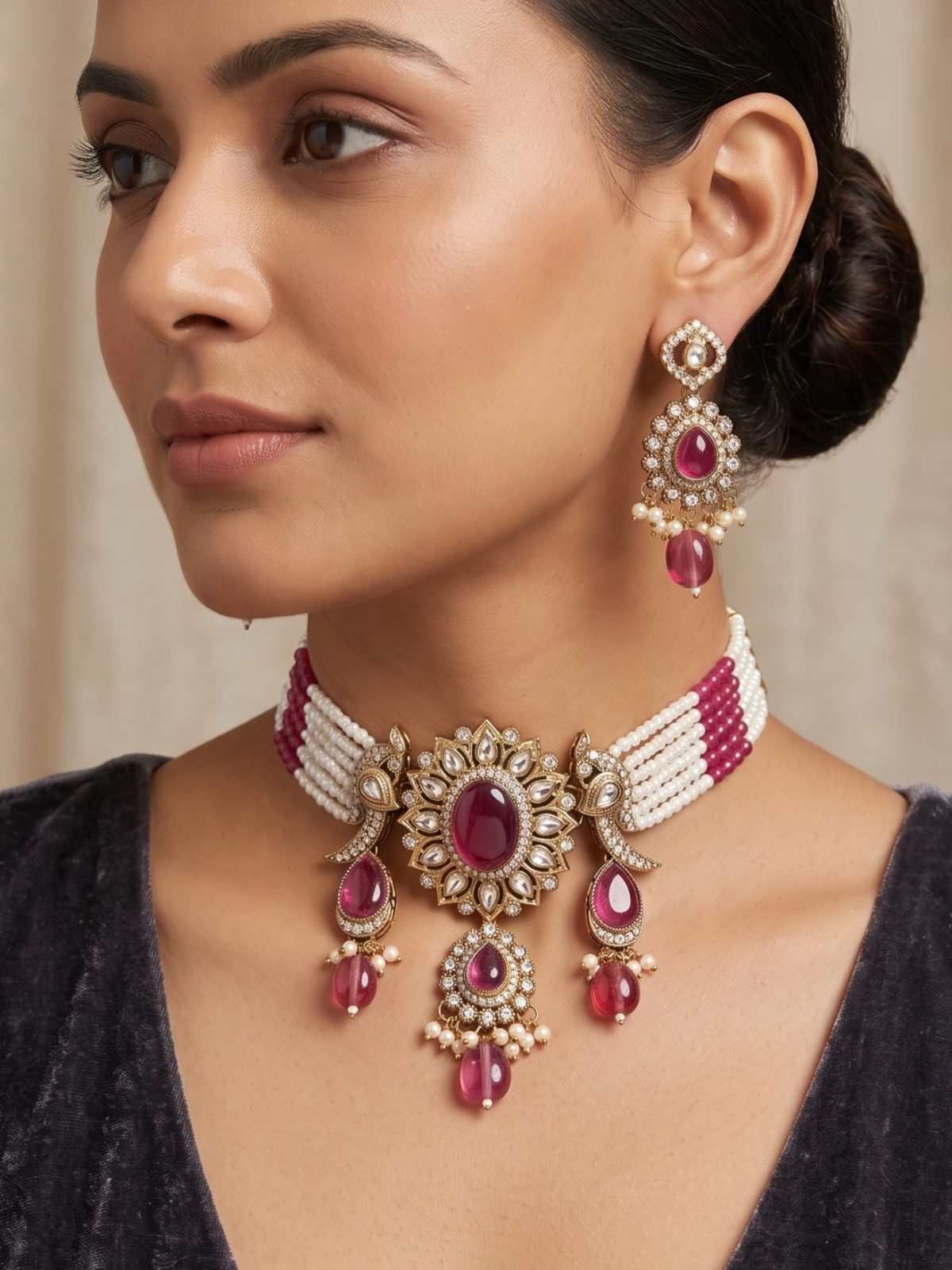 Mitali Victorian Zircon and Monalisa Stone Choker Set