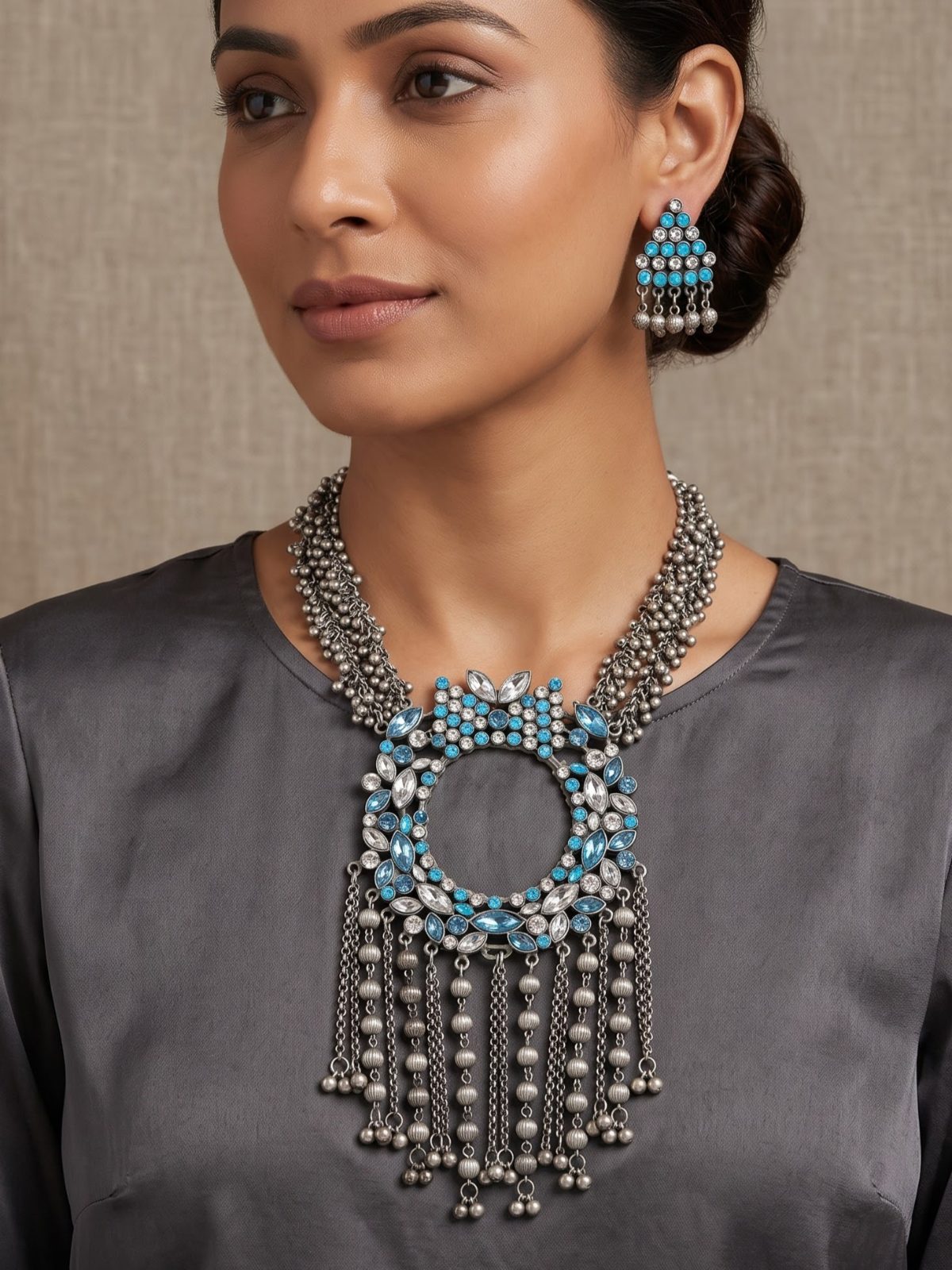 Purvi Colorful Stones Oxidised Long Necklace Set