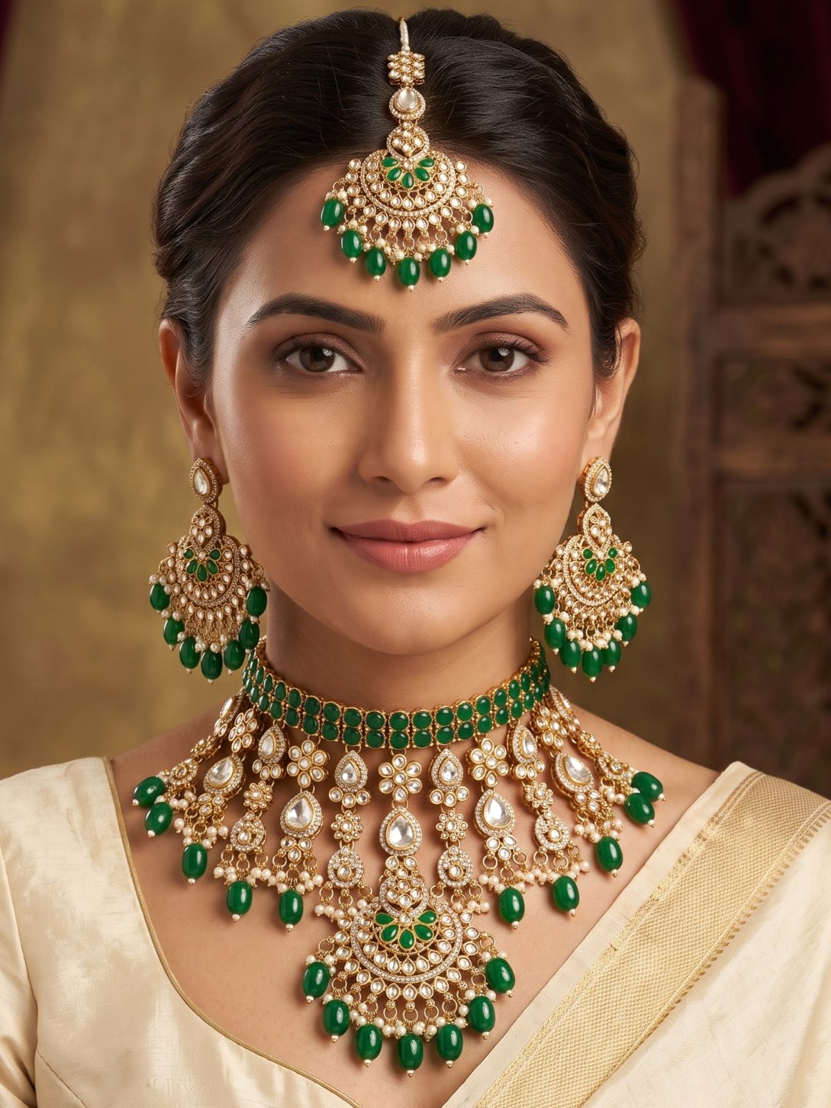 Ruhi Detailed Victorian Zircon with Hanging Pearls Choker Set