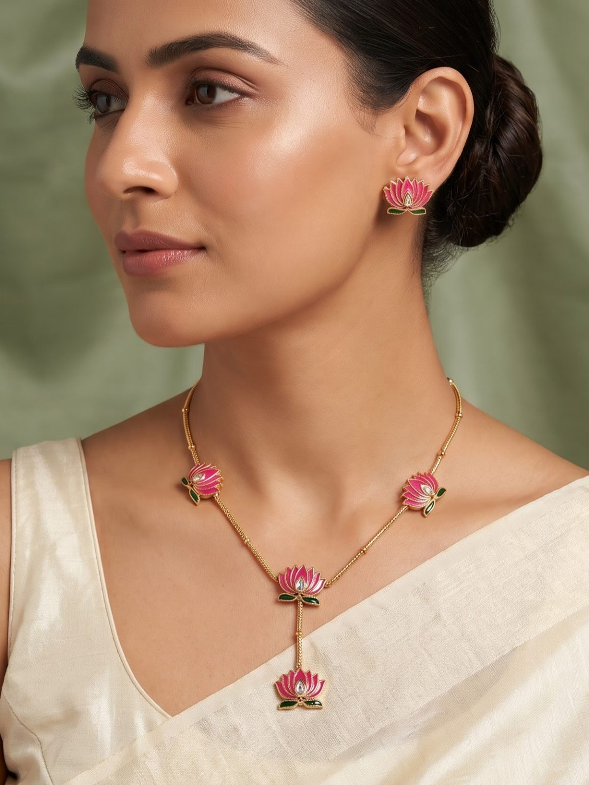 Rittika Pink Lotus Enamel Necklace