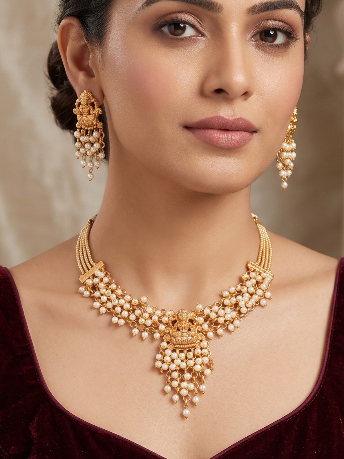 Riddhi Temple Look Minimal Pearls Work Necklace Set