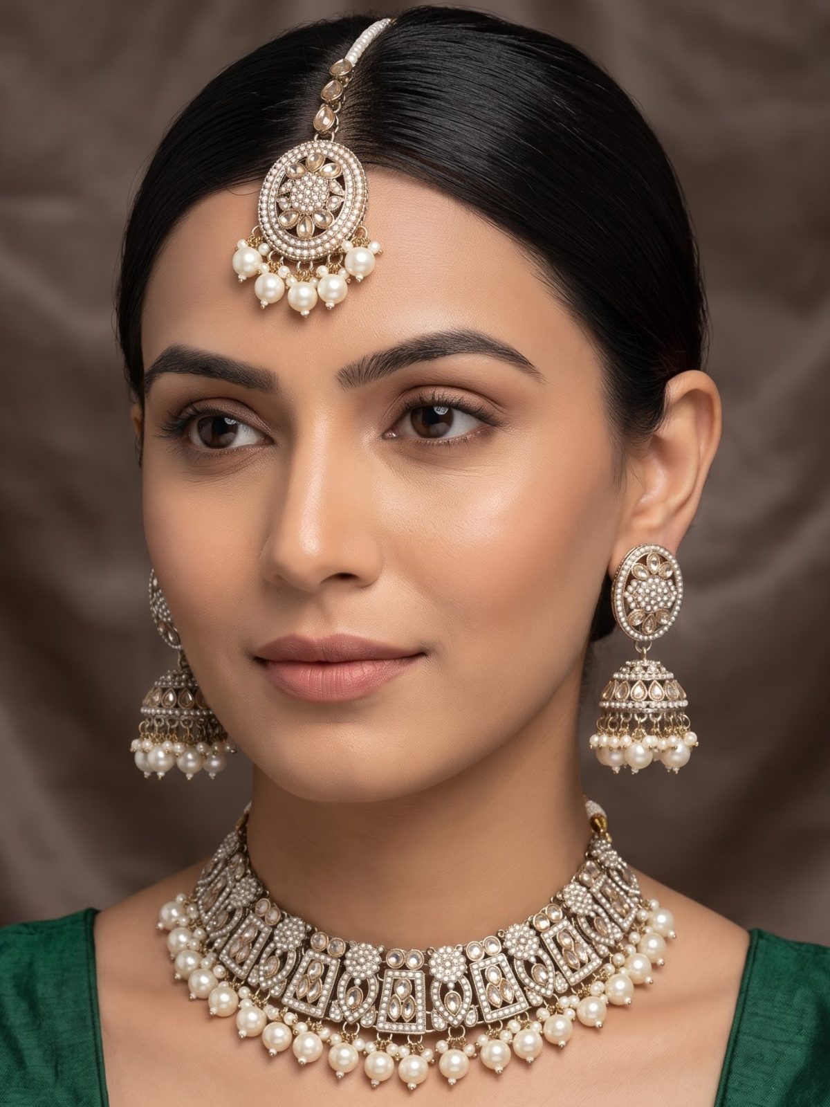Siya Pearls Work and Kundan Necklace Set with Maang Tikka