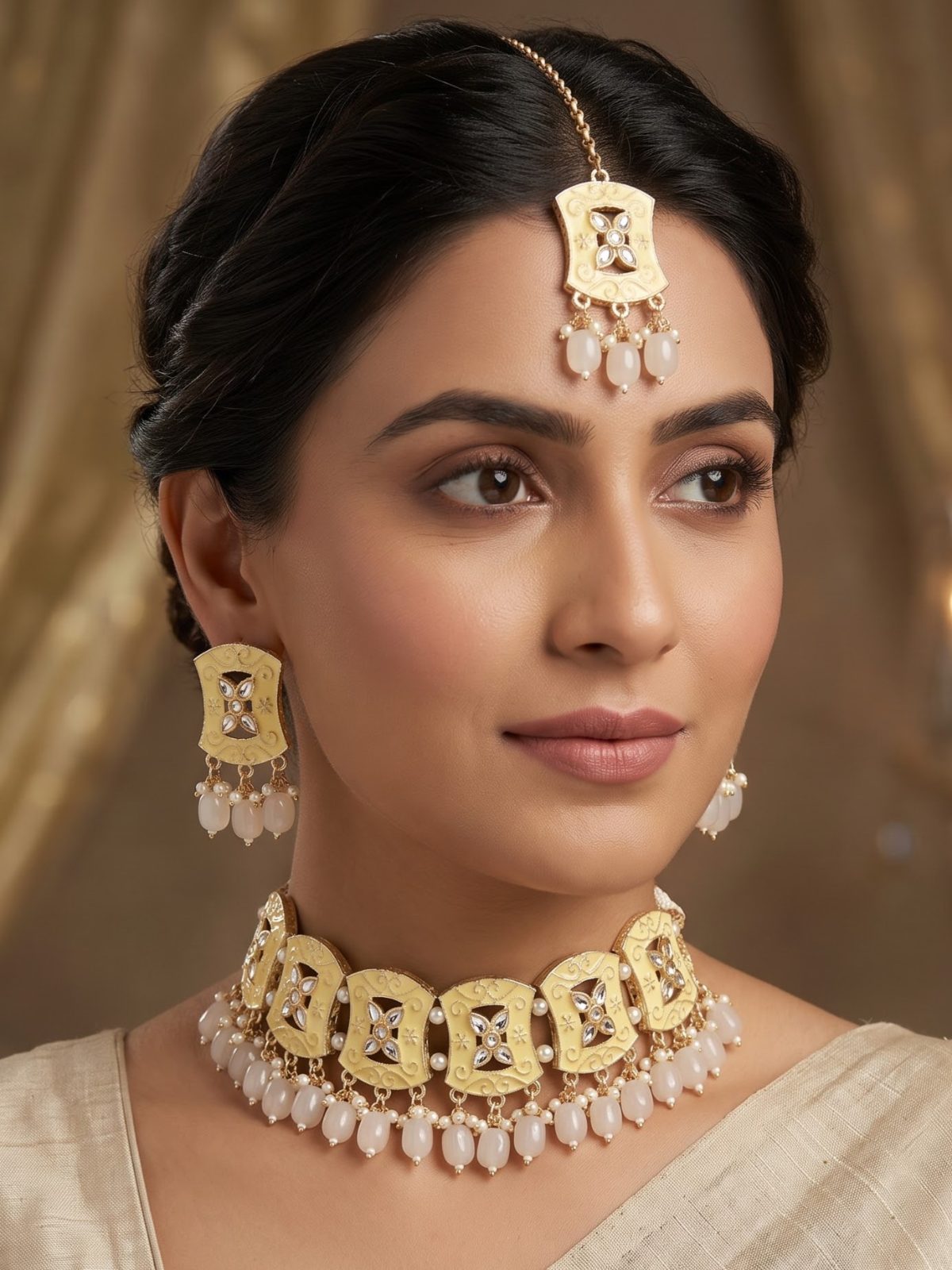 Bhavika Meenakari Choker Set and Hanging Pearls with Maang Tikka