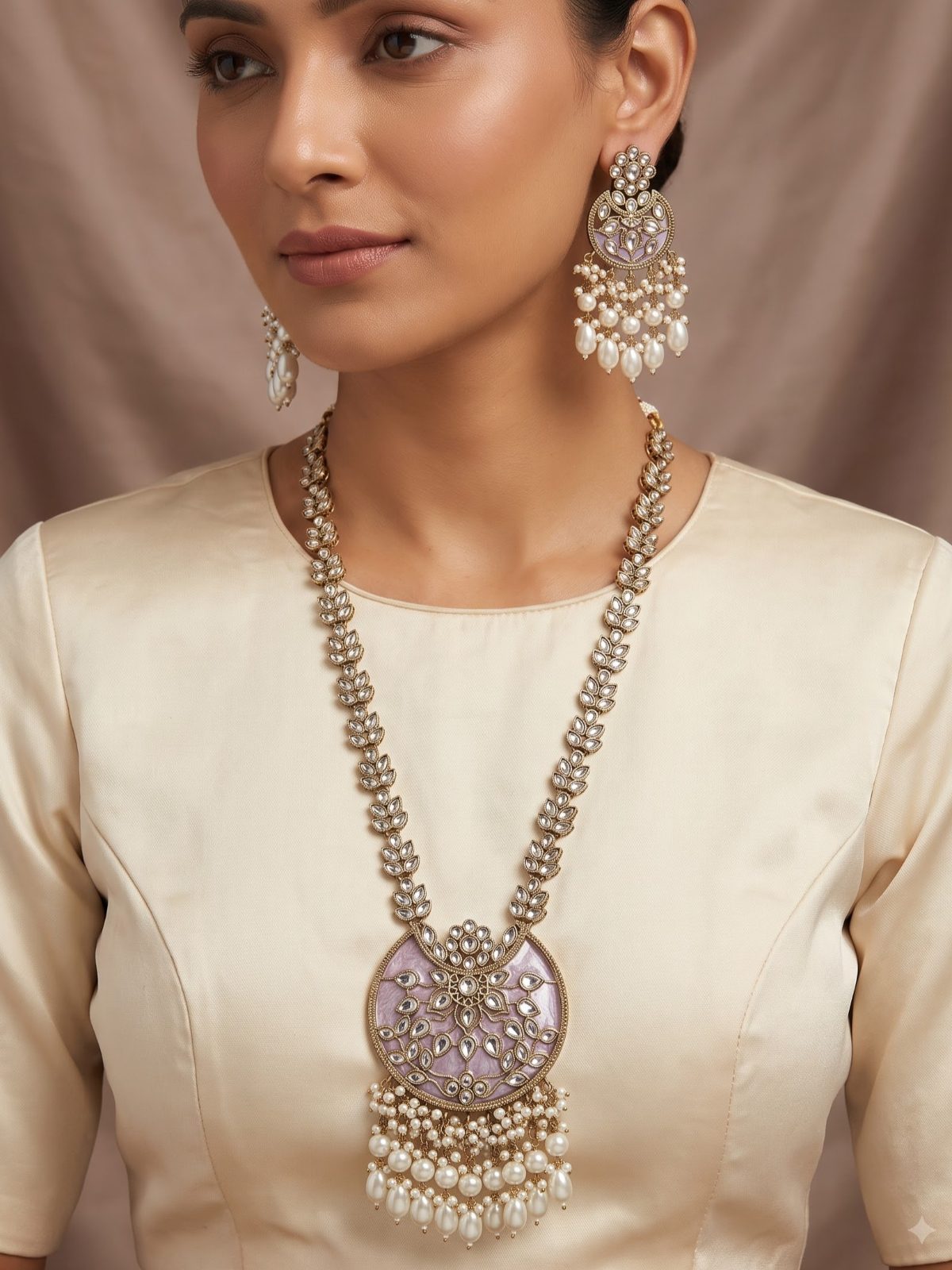 Adhira MOP Stone and Hanging Pearls Circle Shaped Pendant Set