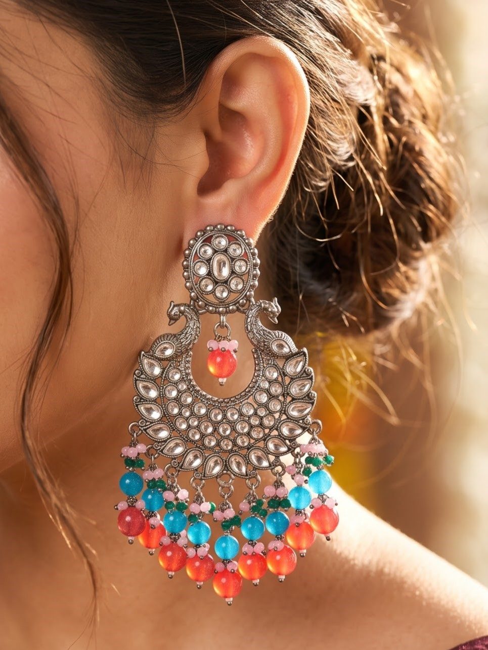 Smita Black Metal Kundan Studded Peacock Earrings