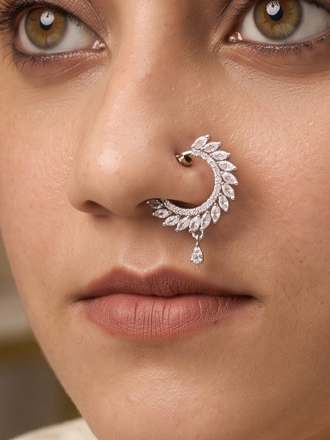 Kavya Crescent Leaf Drop Nose Pin