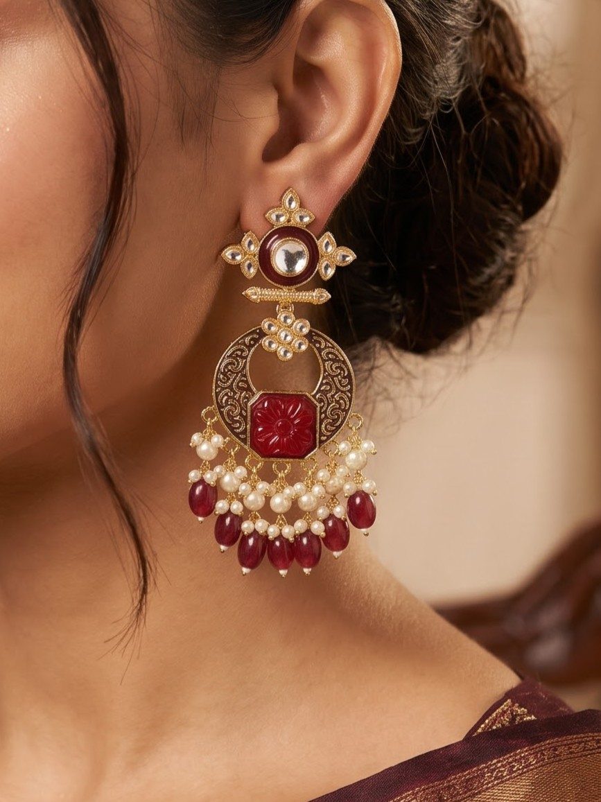 Dhrishti Kundan Meenakari Chandbalis with Engraved Centerpiece
