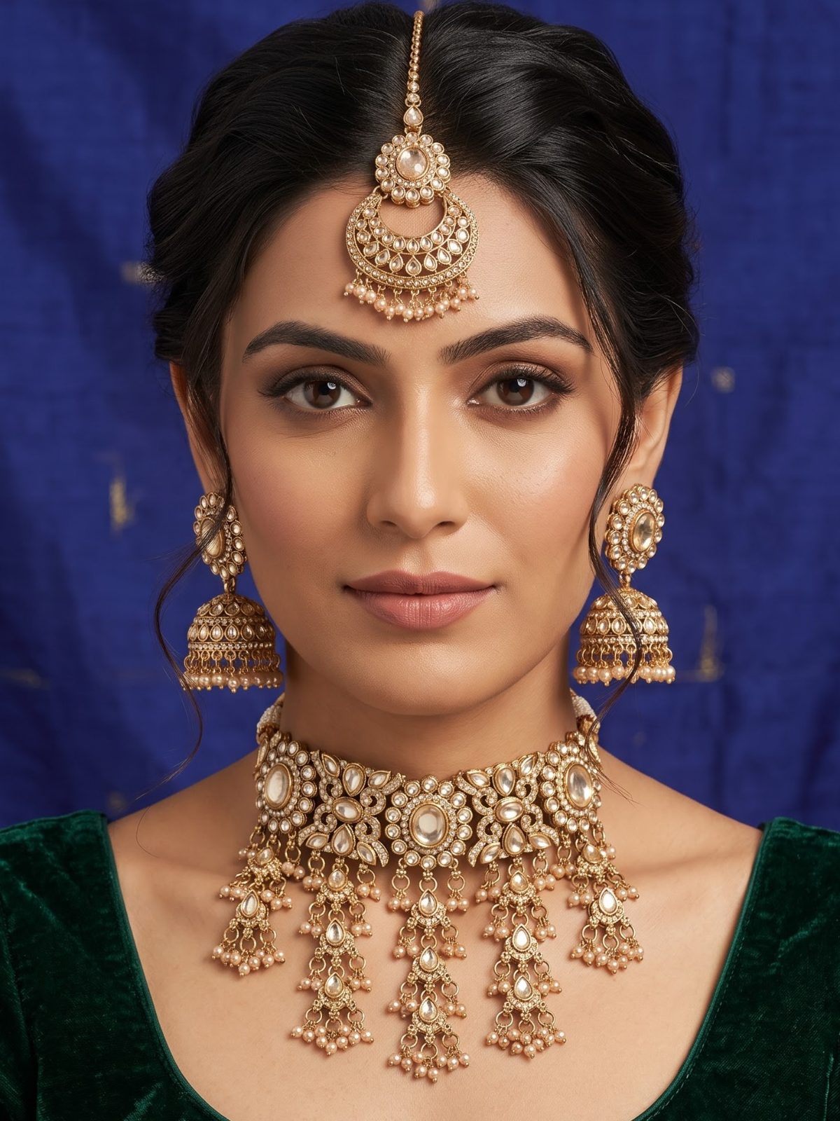 Nia Golden Stone with Hanging Crystals Choker Set