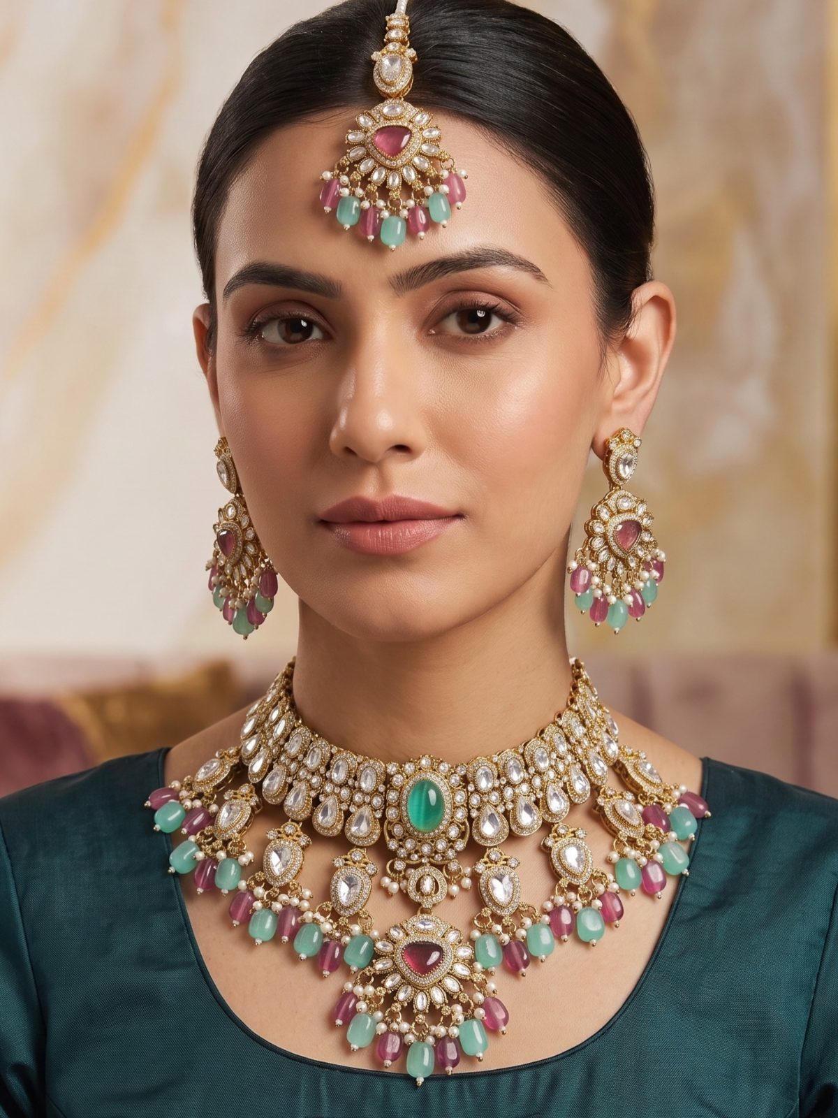 Anaisha Moissanite Stone Necklace Set With Hanging Pearls