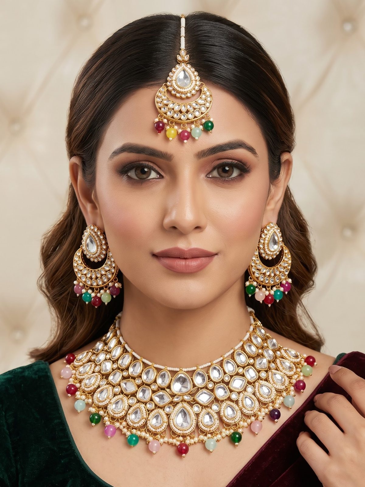 Mishti Kundan and Pearls Hanging Necklace Set with Tikka