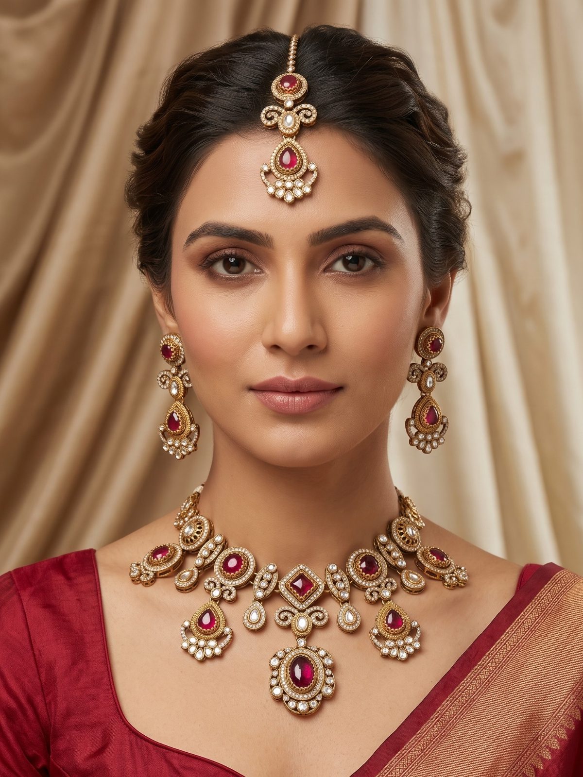 Dhyani Elegant Antique Gold Plated Necklace Set with Maang Tikka